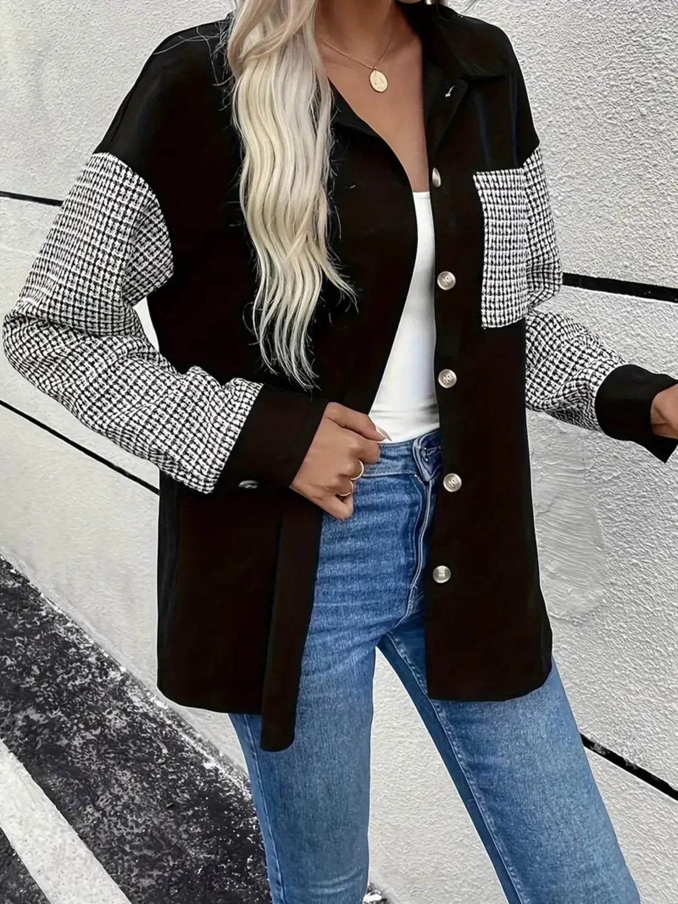 Houndstooth Contrast Button-Up Oversized Jacket - ELY VESSA LLC