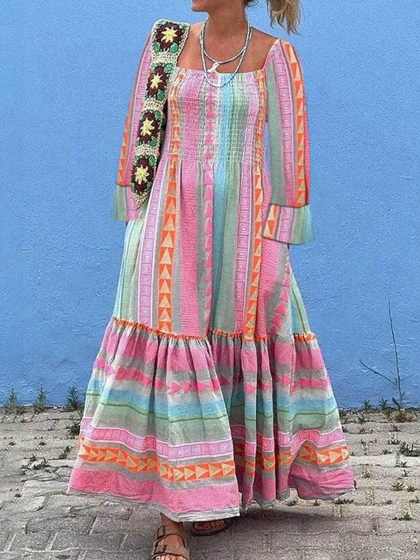 Smocked Square Neck Flounce Sleeve Maxi Dress - ELY VESSA LLC