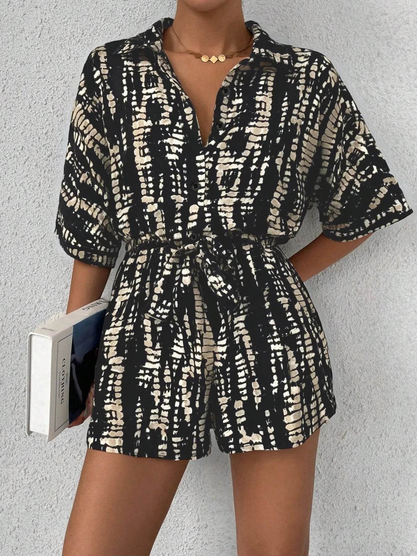 Tie Dye Print Collar Neck Short Sleeve Romper - ELY VESSA LLC