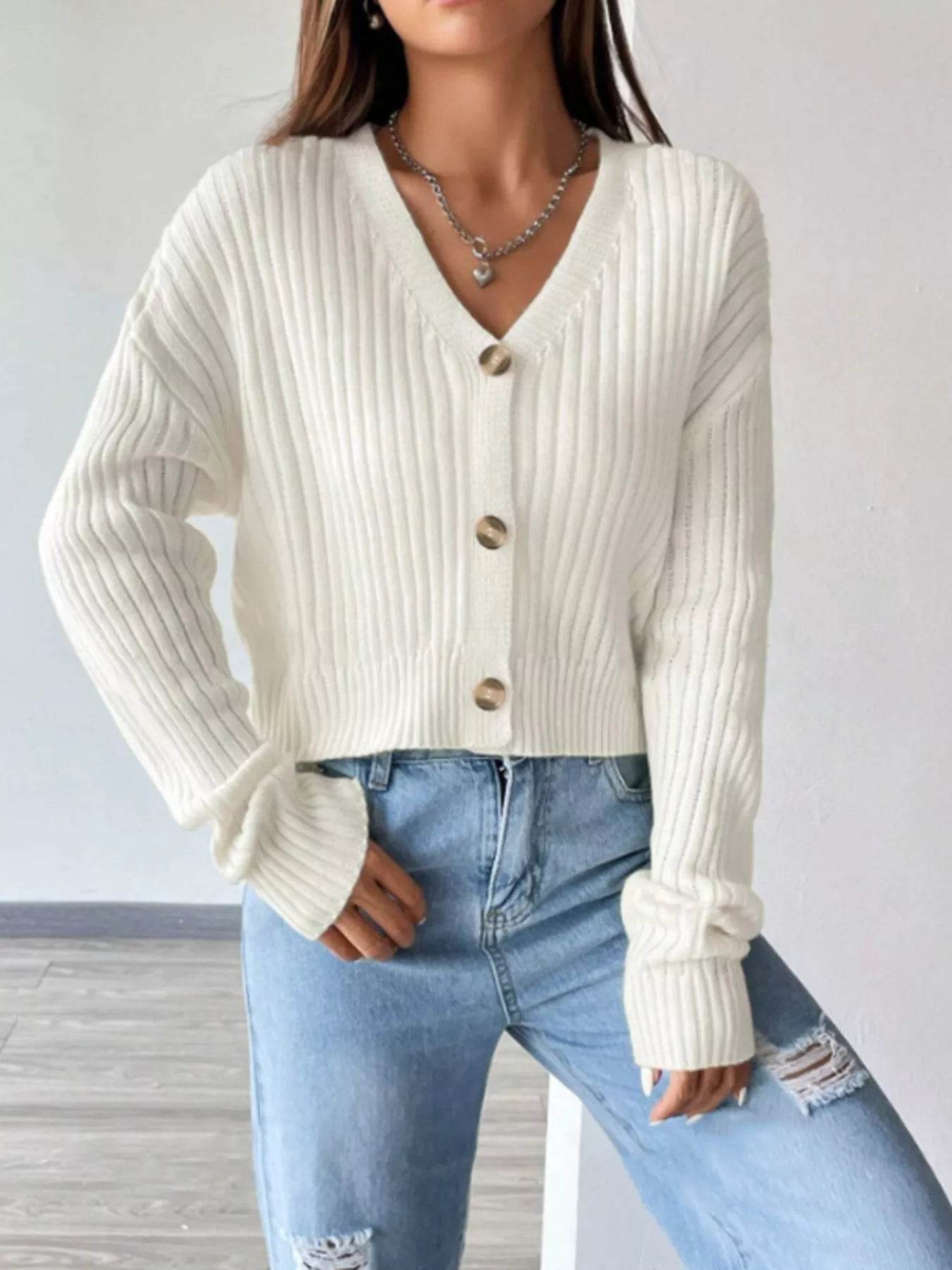 V-Neck Button-Up Cardigan - ELY VESSA LLC