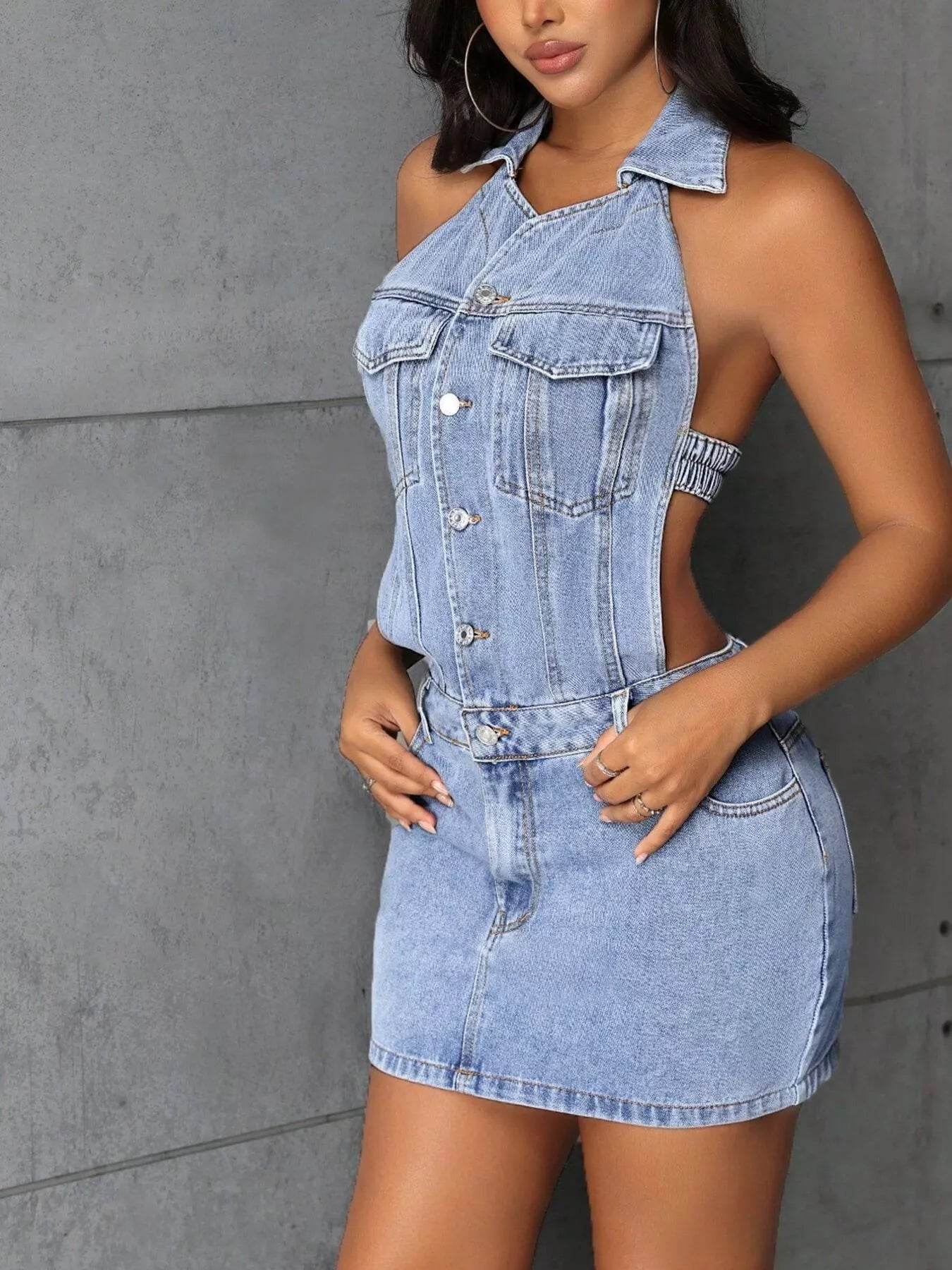 Backless Sleeveless Button Front Denim Mini Dress - ELY VESSA LLC