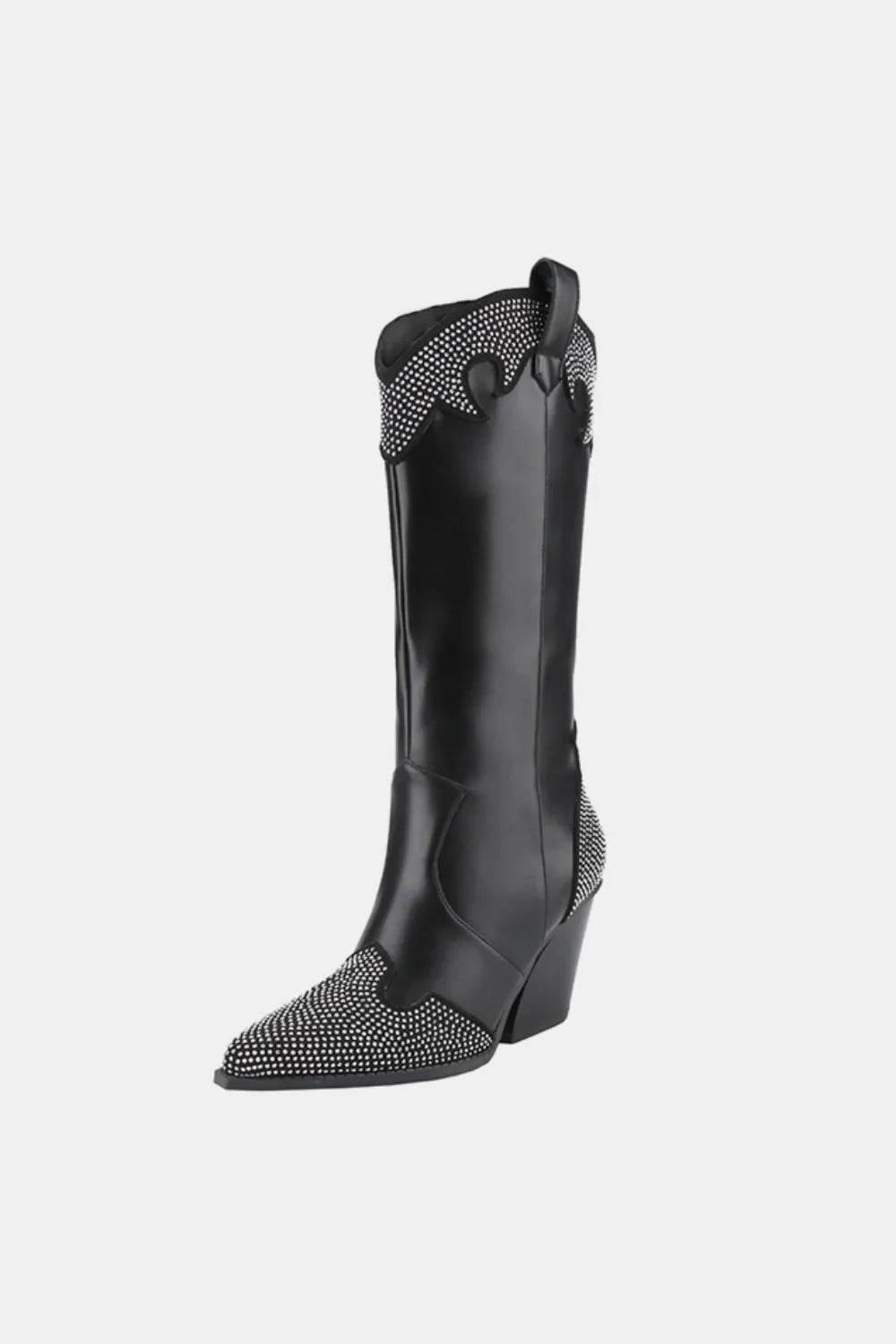 Weeboo Chunky Heel Rhinestone Decor Western Boots - ELY VESSA LLC