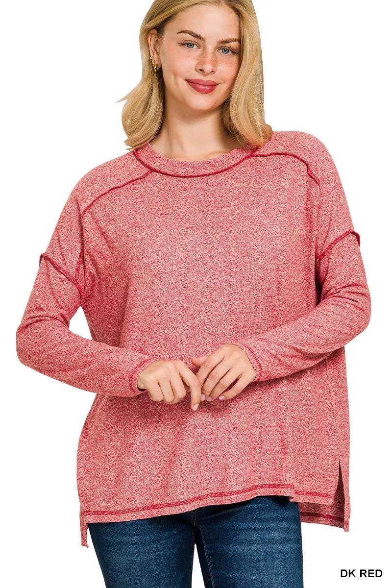 Zenana Full Size Melange Hacci Exposed Seam Hi-low Tee Plus Size - ELY VESSA LLC