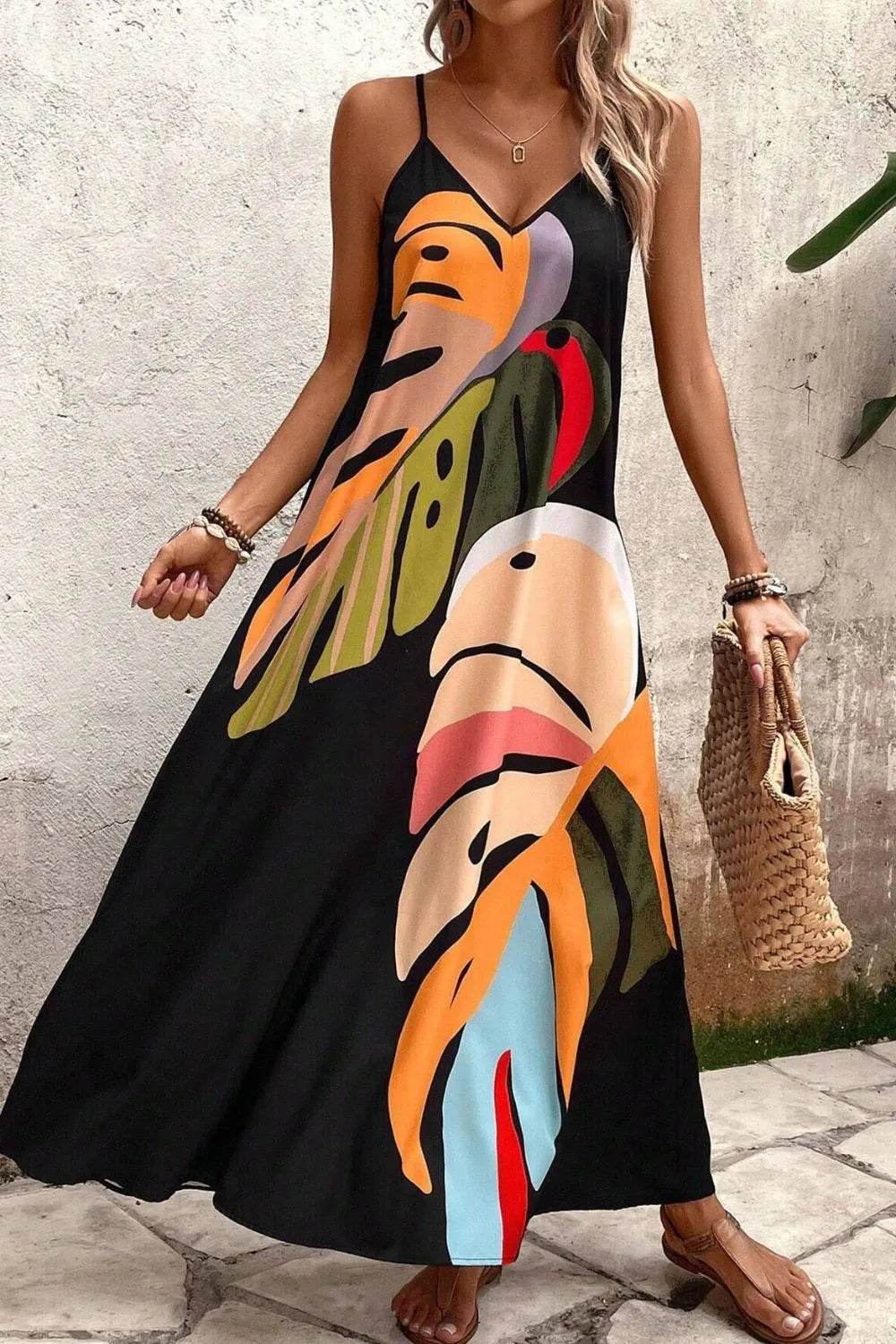 Tropical Leaf Print V-Neck Maxi Cami Dress - ELY VESSA LLC