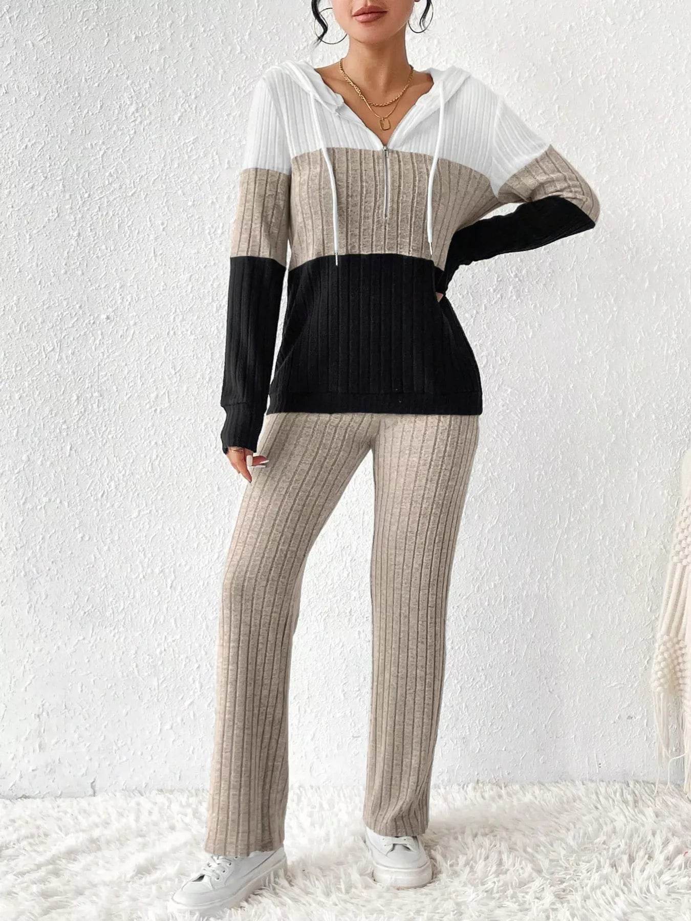 Color Block Half Zip Hooded Top and Pants Set - ELY VESSA LLC
