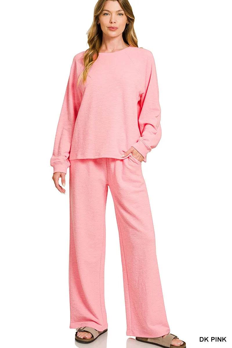Zenana Slub Long Sleeve Top and Pants Lounge Set - ELY VESSA LLC