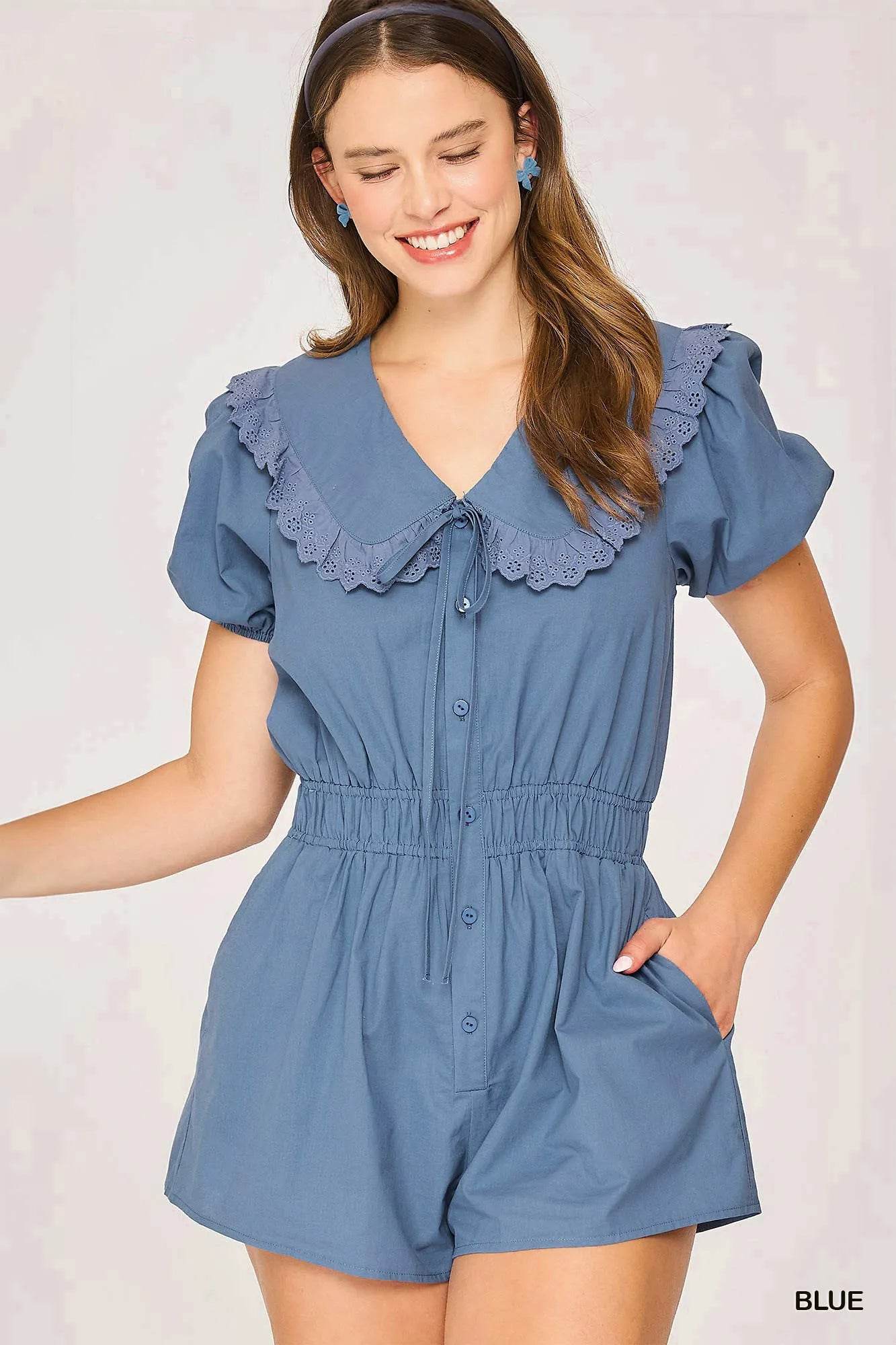 Umgee Collared Short Sleeve Button Down Romper - ELY VESSA LLC