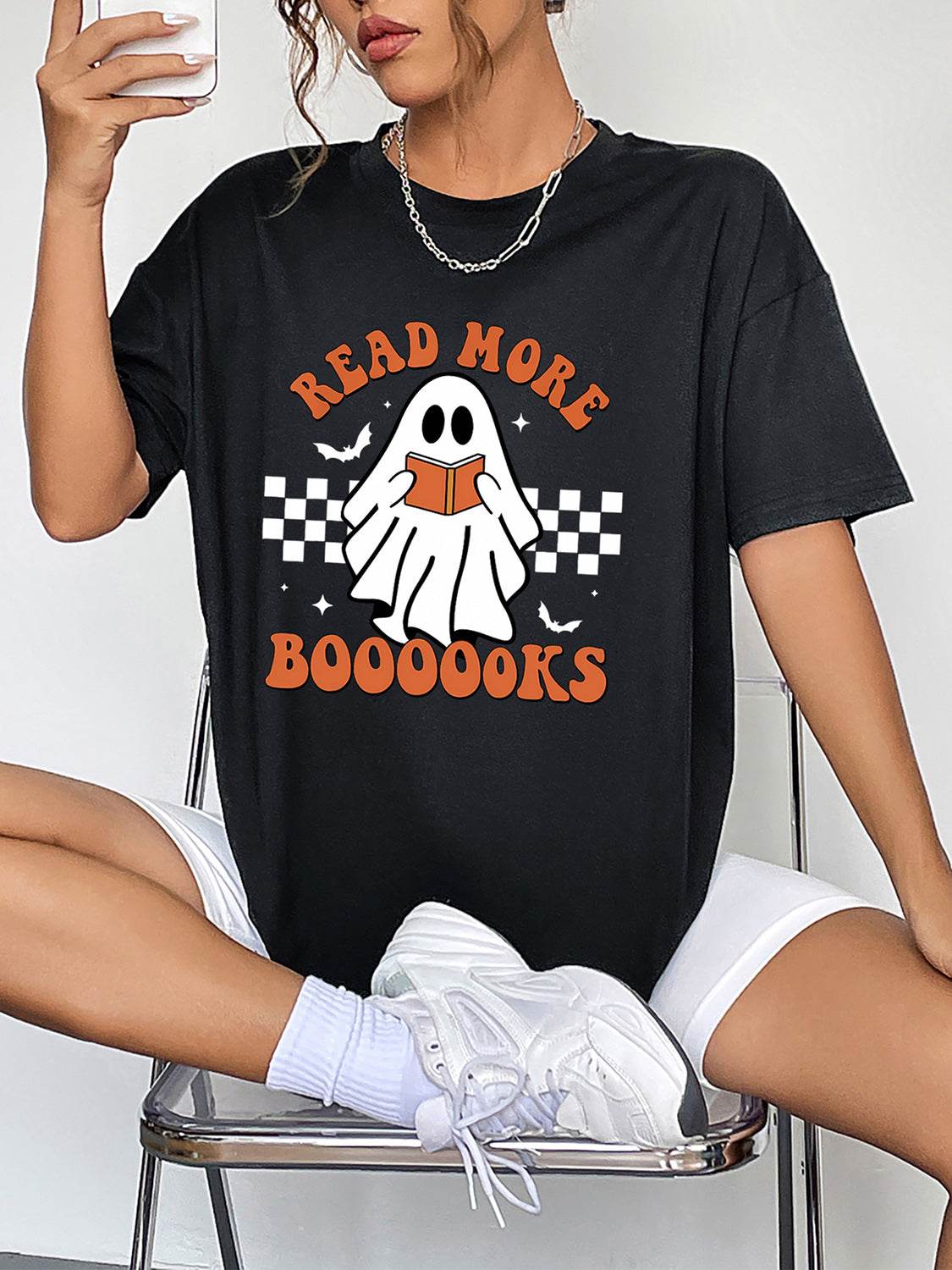 Round Neck Short Sleeve Ghost Graphic T-Shirt - ELY VESSA LLC