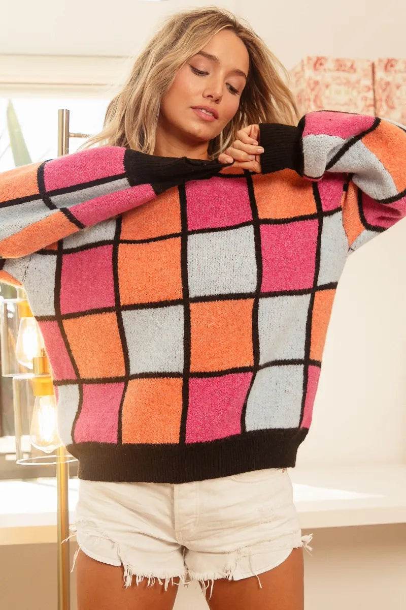 BiBi Multi Color Checker Pattern Sweater - ELY VESSA LLC