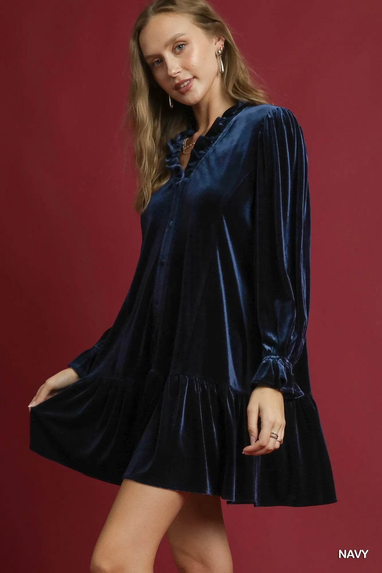 Umgee Velvet Ruffle Trim Mini Dress - ELY VESSA LLC