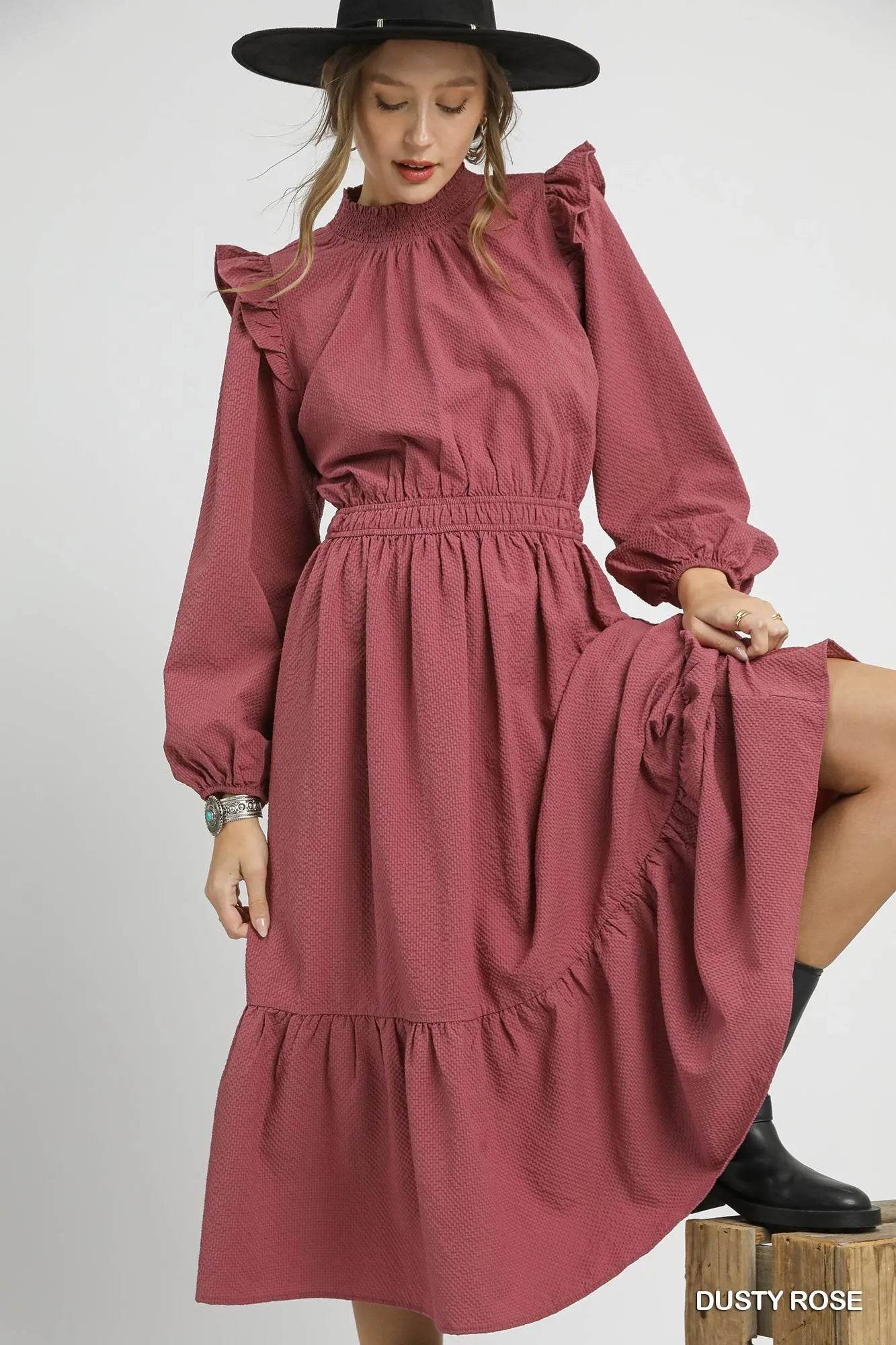 Umgee Textured Midi Dress with Ruffle Shoulder Detail - ELY VESSA LLC