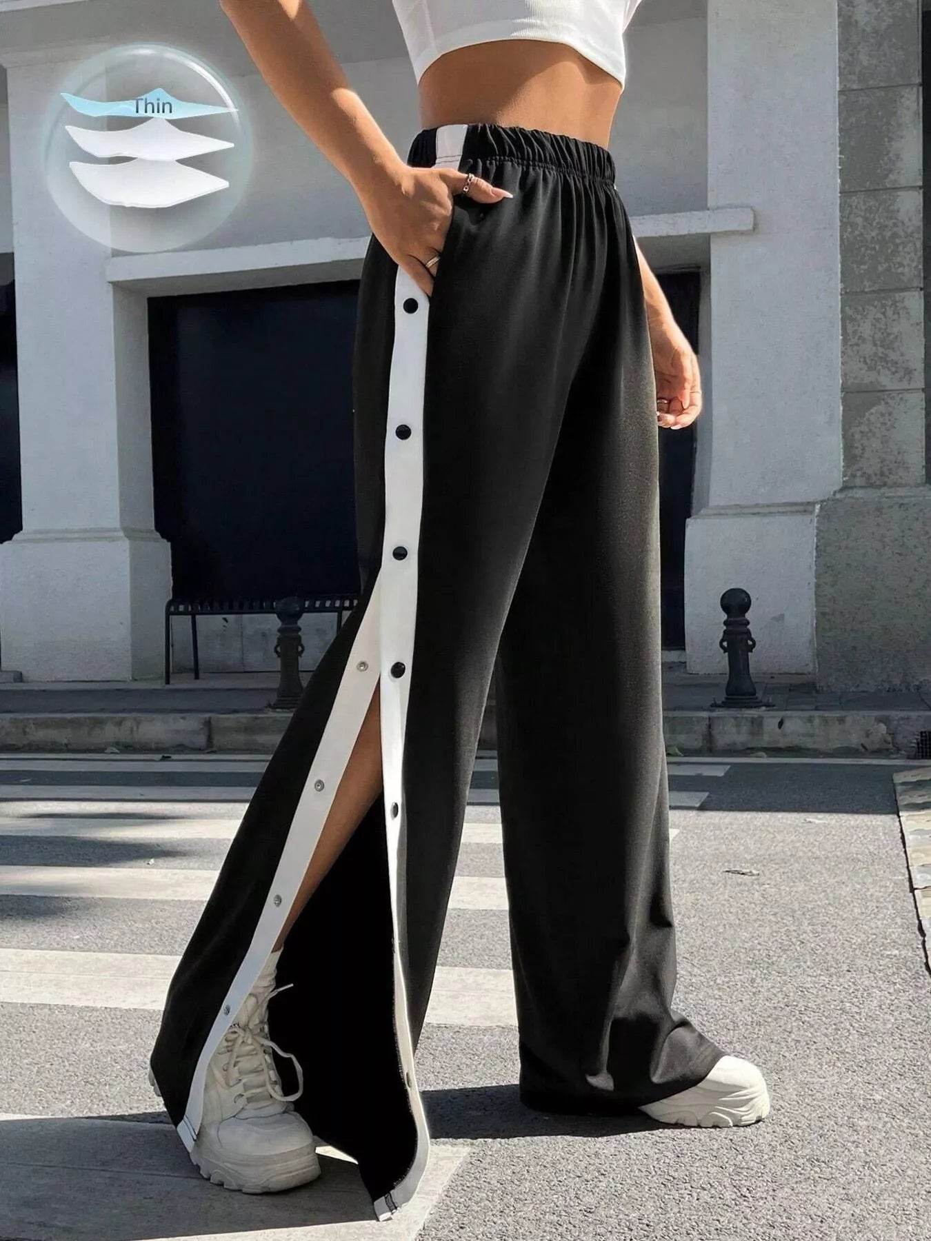 Two-Tone Side Snap Wide Leg Pants - ELY VESSA LLC