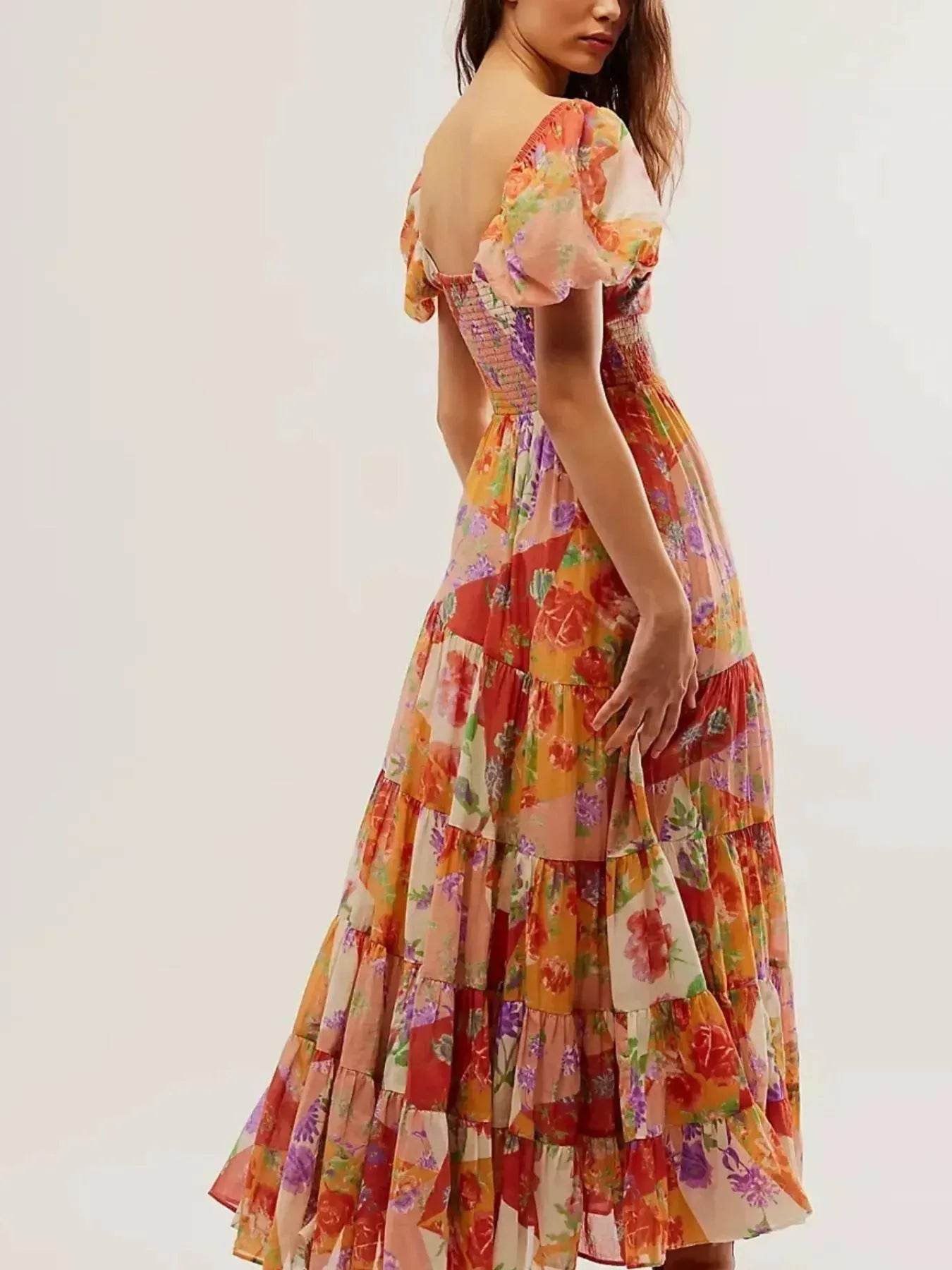 Printed Sweetheart Neck Puff Sleeve Maxi Dress - ELY VESSA LLC