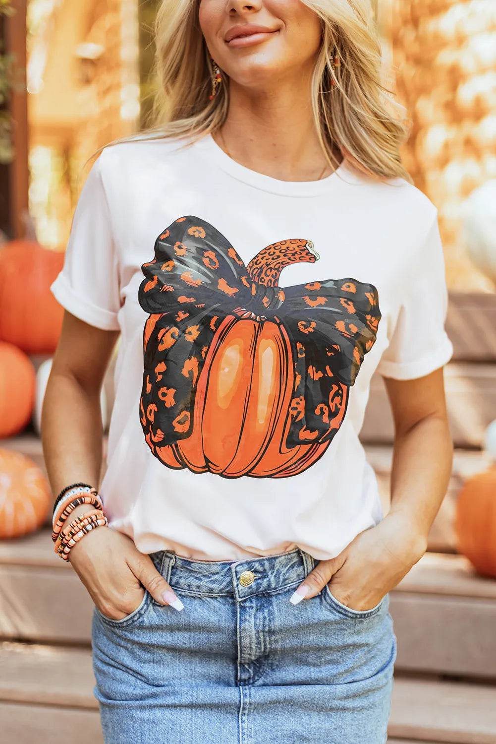 Pumpkin Round Neck Short Sleeve T-Shirt - ELY VESSA LLC