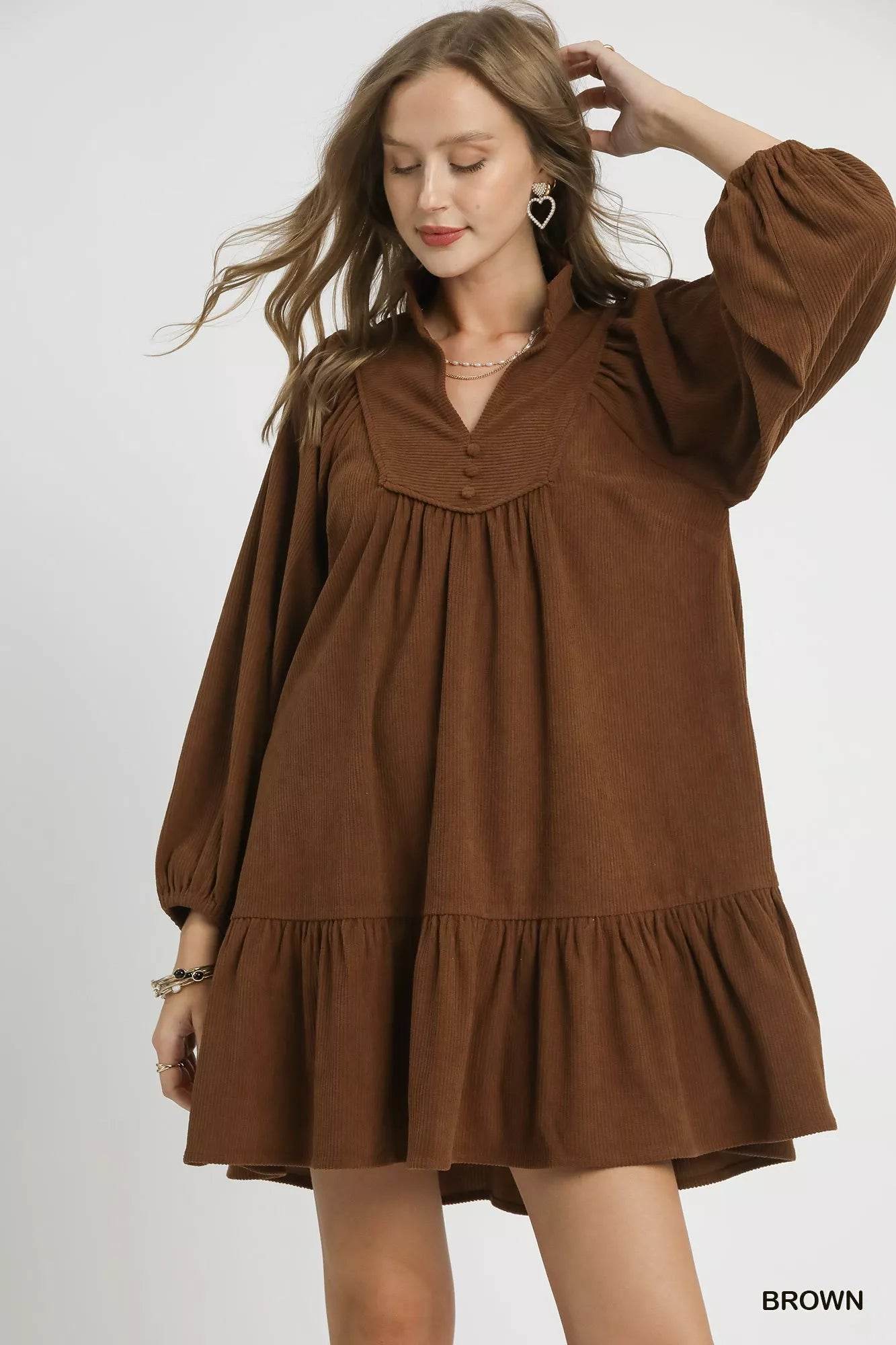 Umgee Corduroy Tiered Babydoll Dress - ELY VESSA LLC