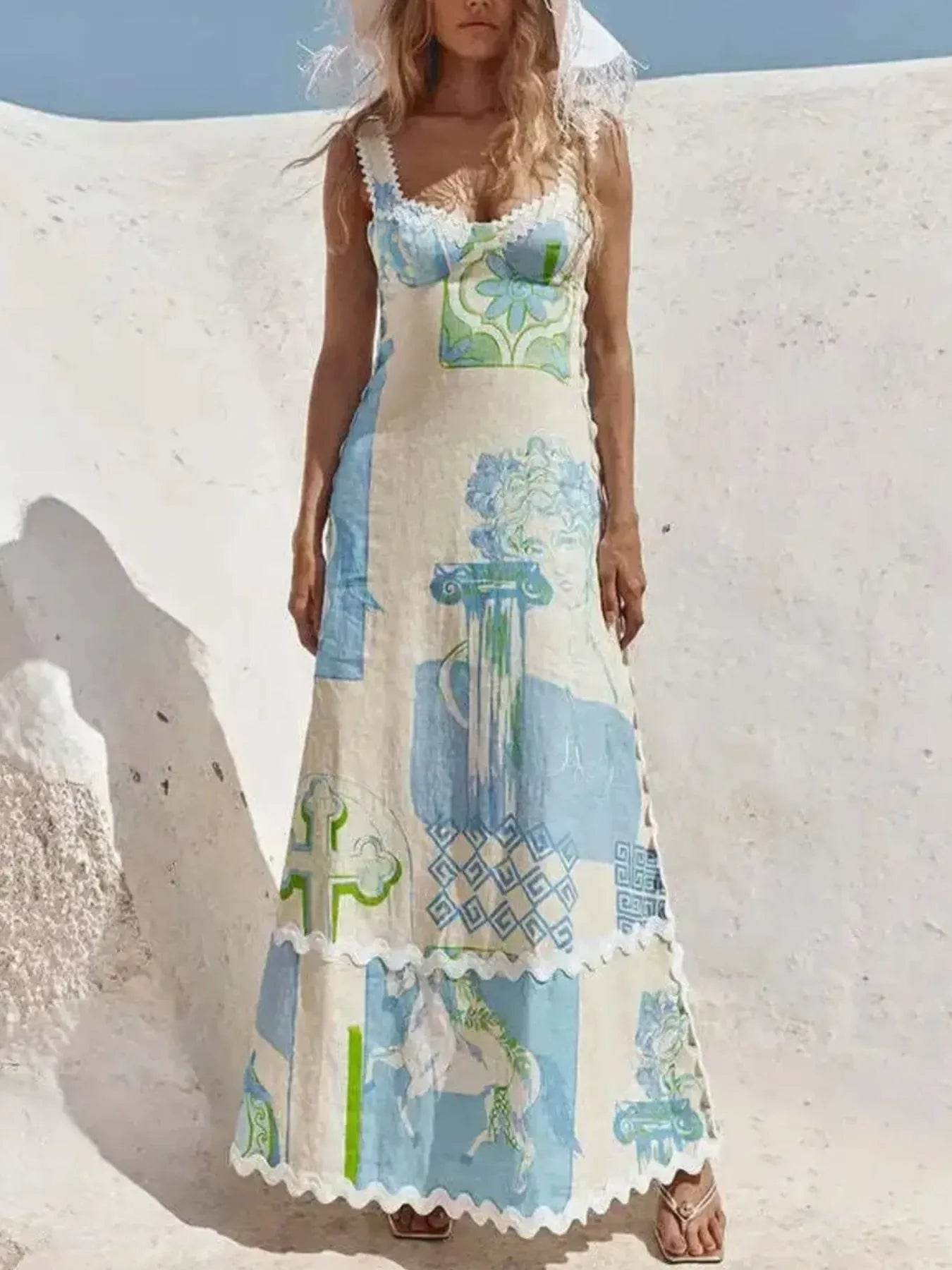 Tied Back Printed Maxi Dress - ELY VESSA LLC