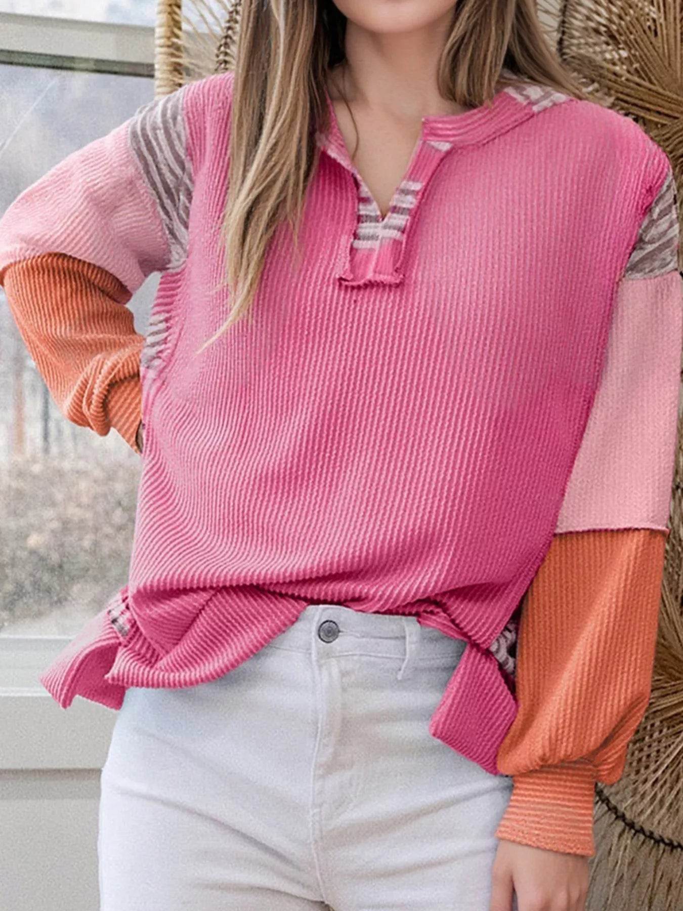 Corded Texture Plaid Color Block Patchwork Split Neck Long Sleeve Top - ELY VESSA LLC
