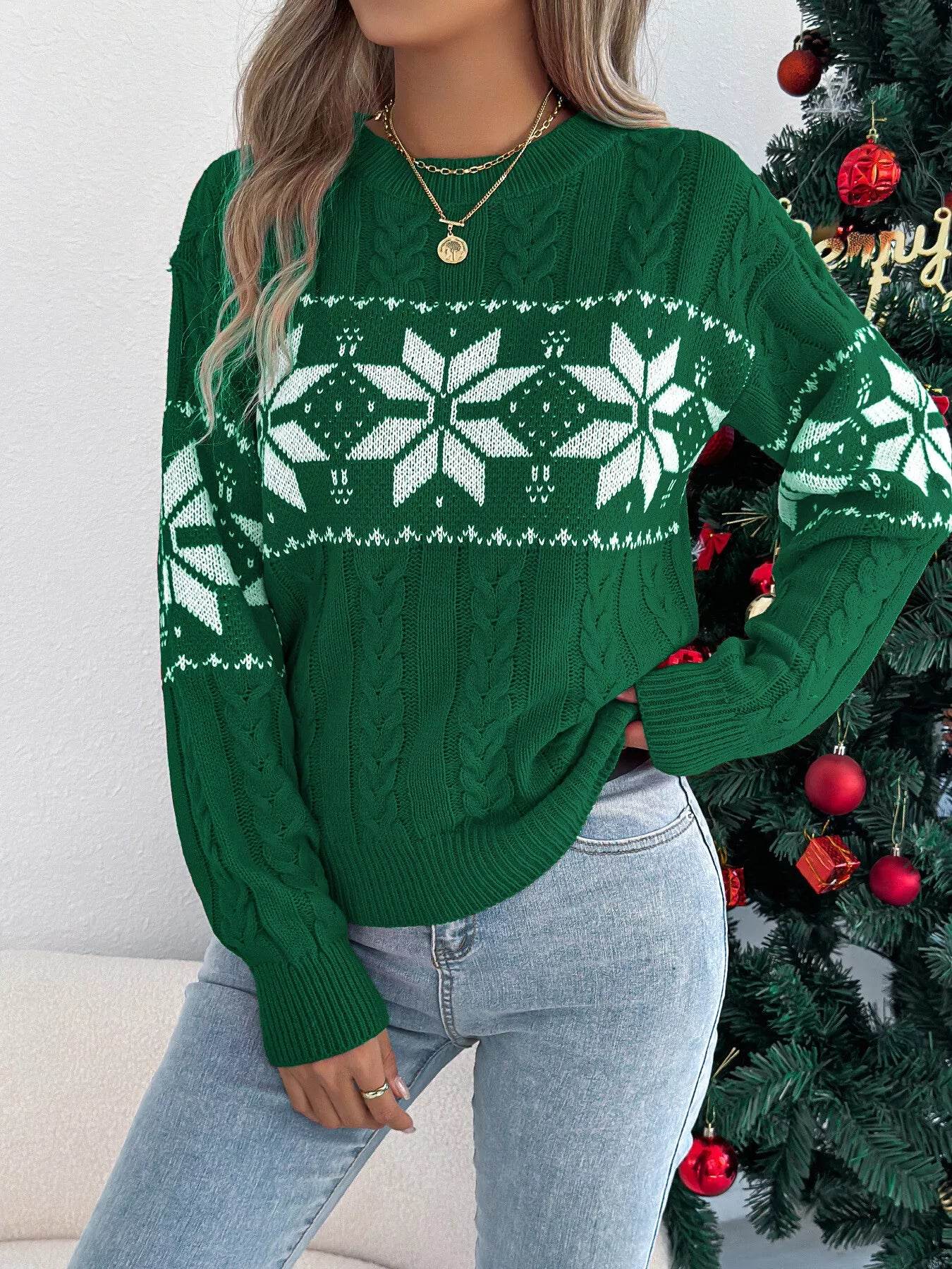 Christmas Snowflake Cable Knit Sweater - ELY VESSA LLC