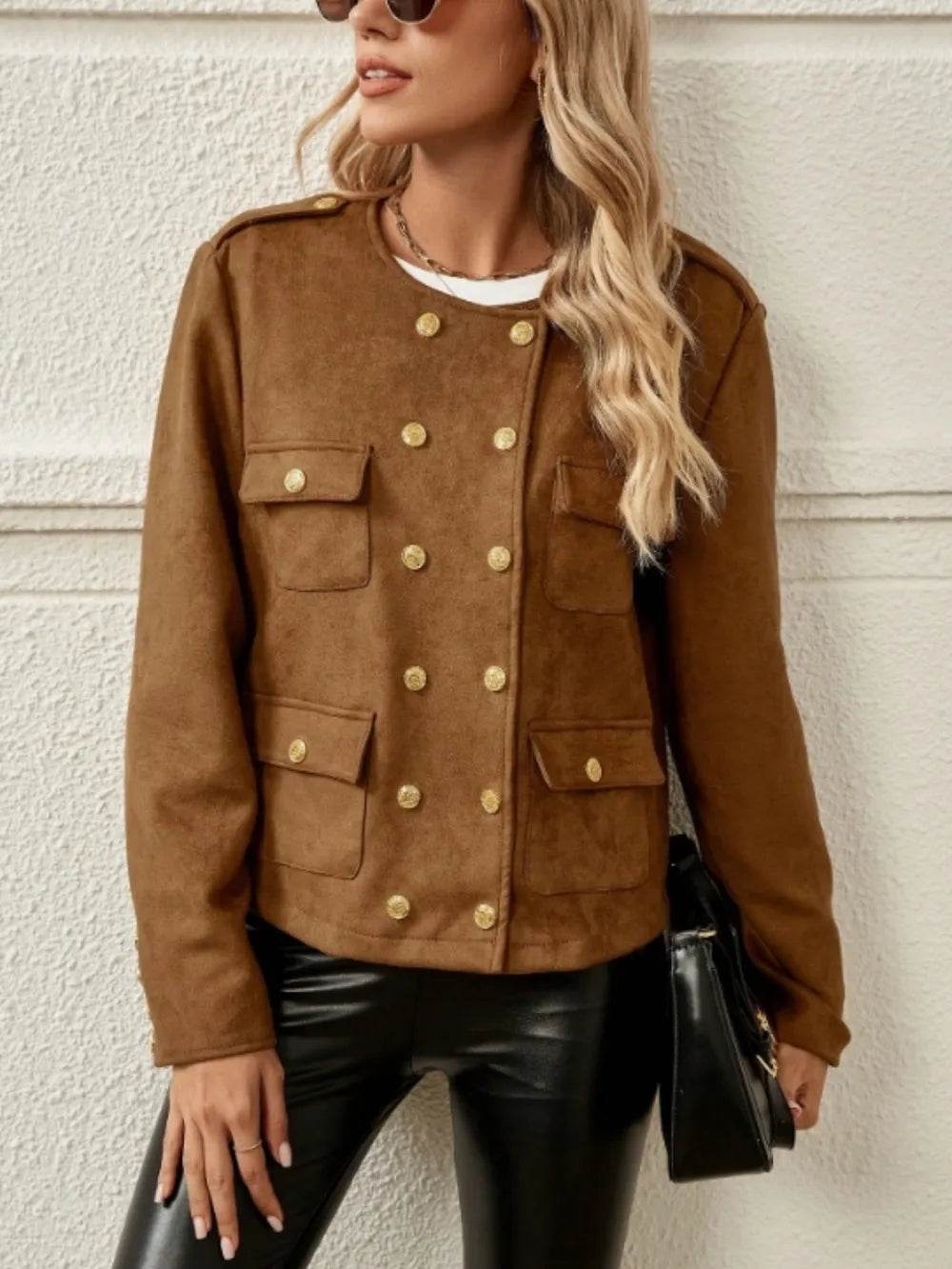 Snap Down Round Neck Jacket - ELY VESSA LLC
