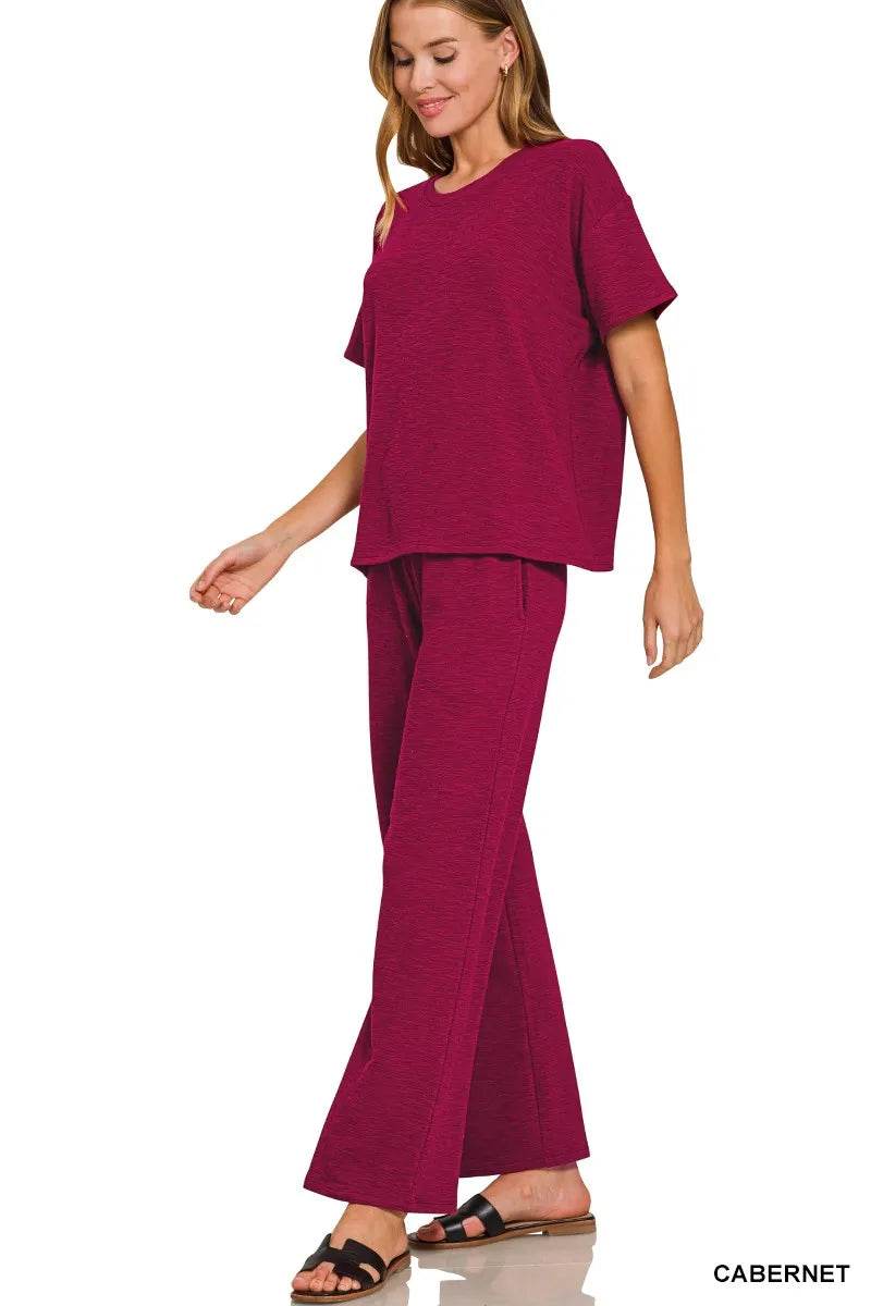 Zenana Slub Short Sleeve T-Shirt and Pants Set - ELY VESSA LLC