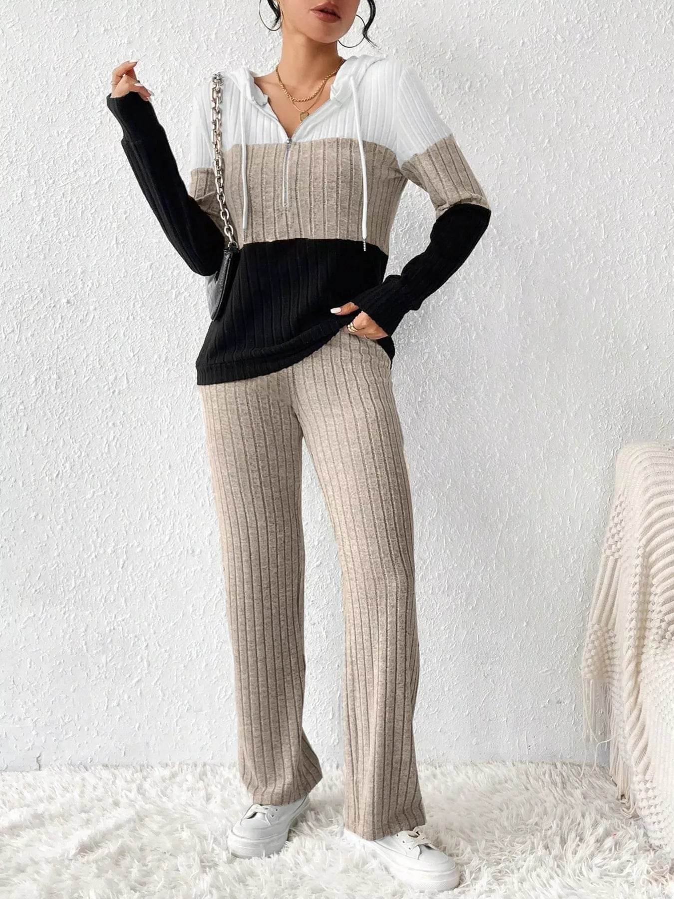 Color Block Half Zip Hooded Top and Pants Set - ELY VESSA LLC