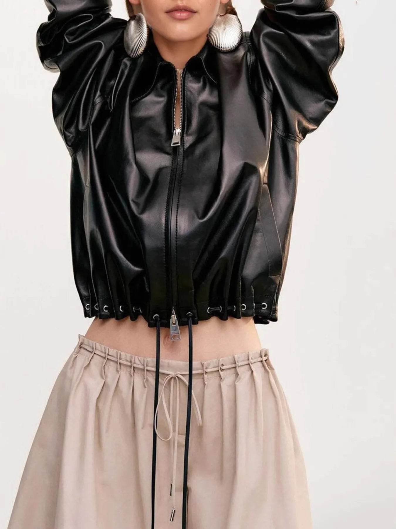 Drawstring Hem Zip Up Jacket - ELY VESSA LLC