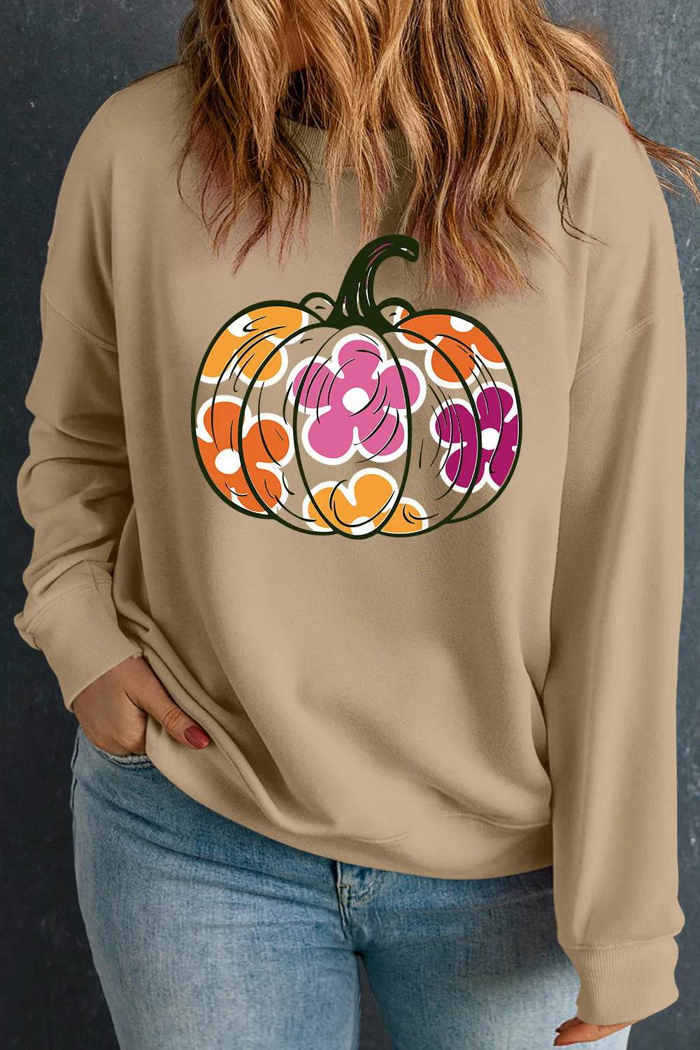 Plus Size Pumpkin Graphic Dropped Shoulder Sweatshirt - ELY VESSA LLC