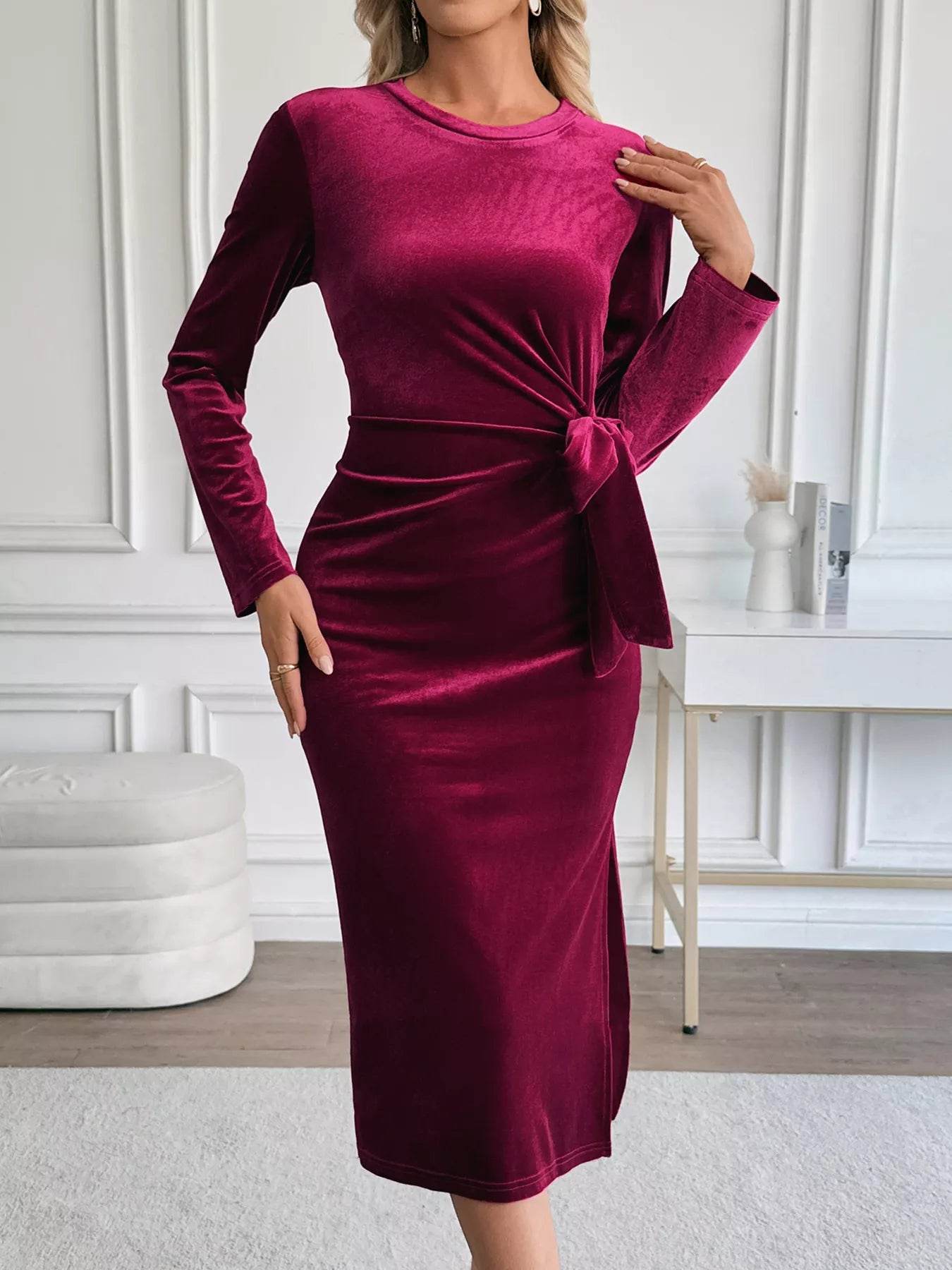 Velvet Slit Round Neck Long Sleeve Dress with Side Tie Detail - ELY VESSA LLC