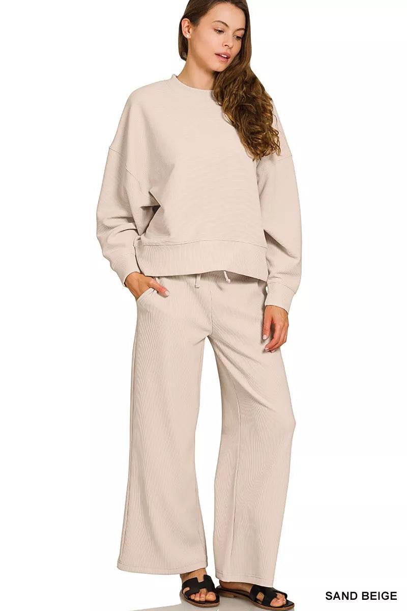 Zenana Ribbed Round Neck Pullover and Drawstring Pants Set - ELY VESSA LLC