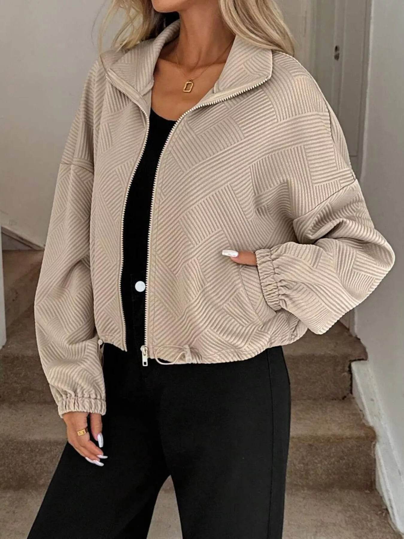 Drawstring Hem Textured Long Sleeve Jacket - ELY VESSA LLC