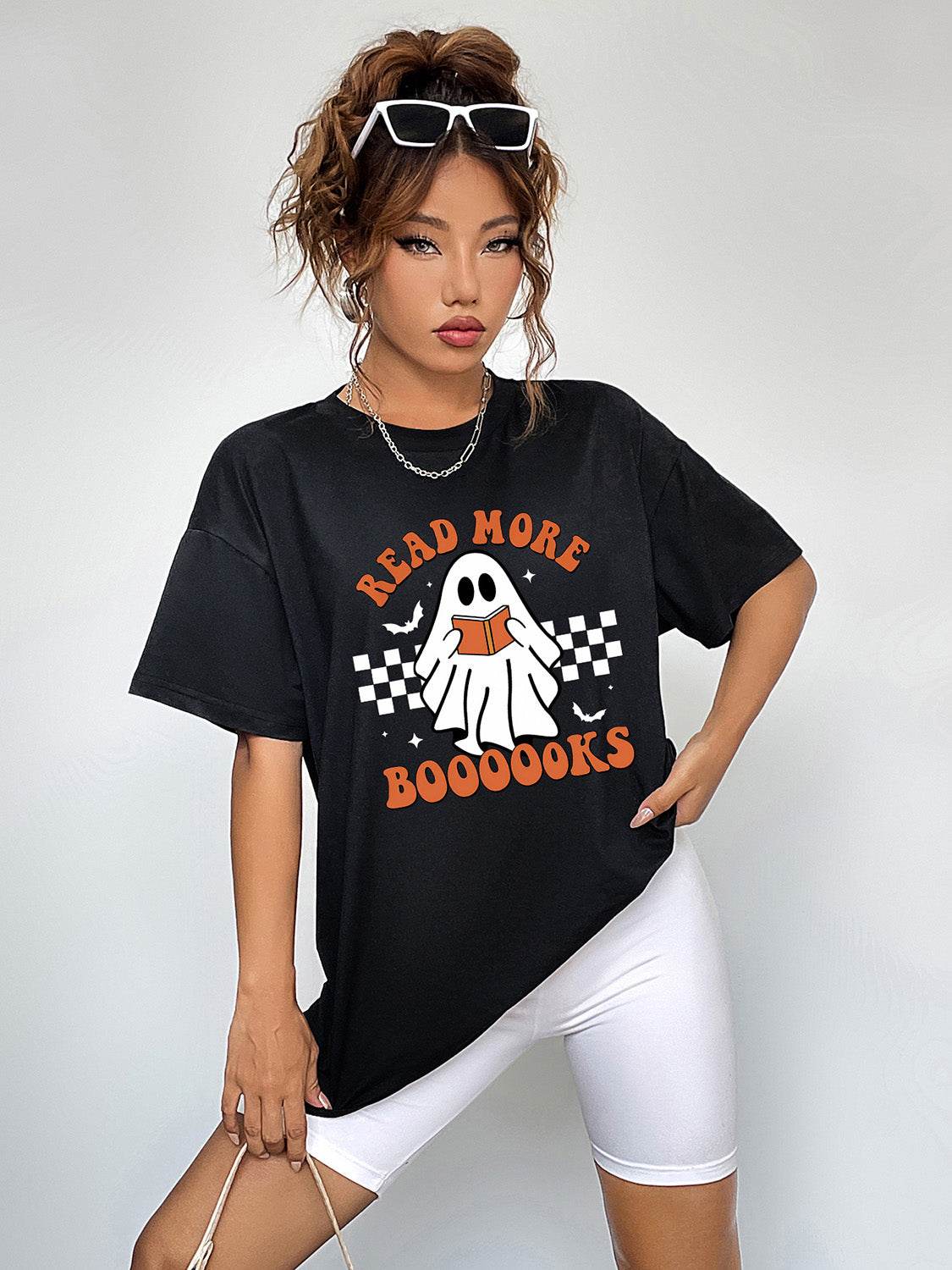 Round Neck Short Sleeve Ghost Graphic T-Shirt - ELY VESSA LLC