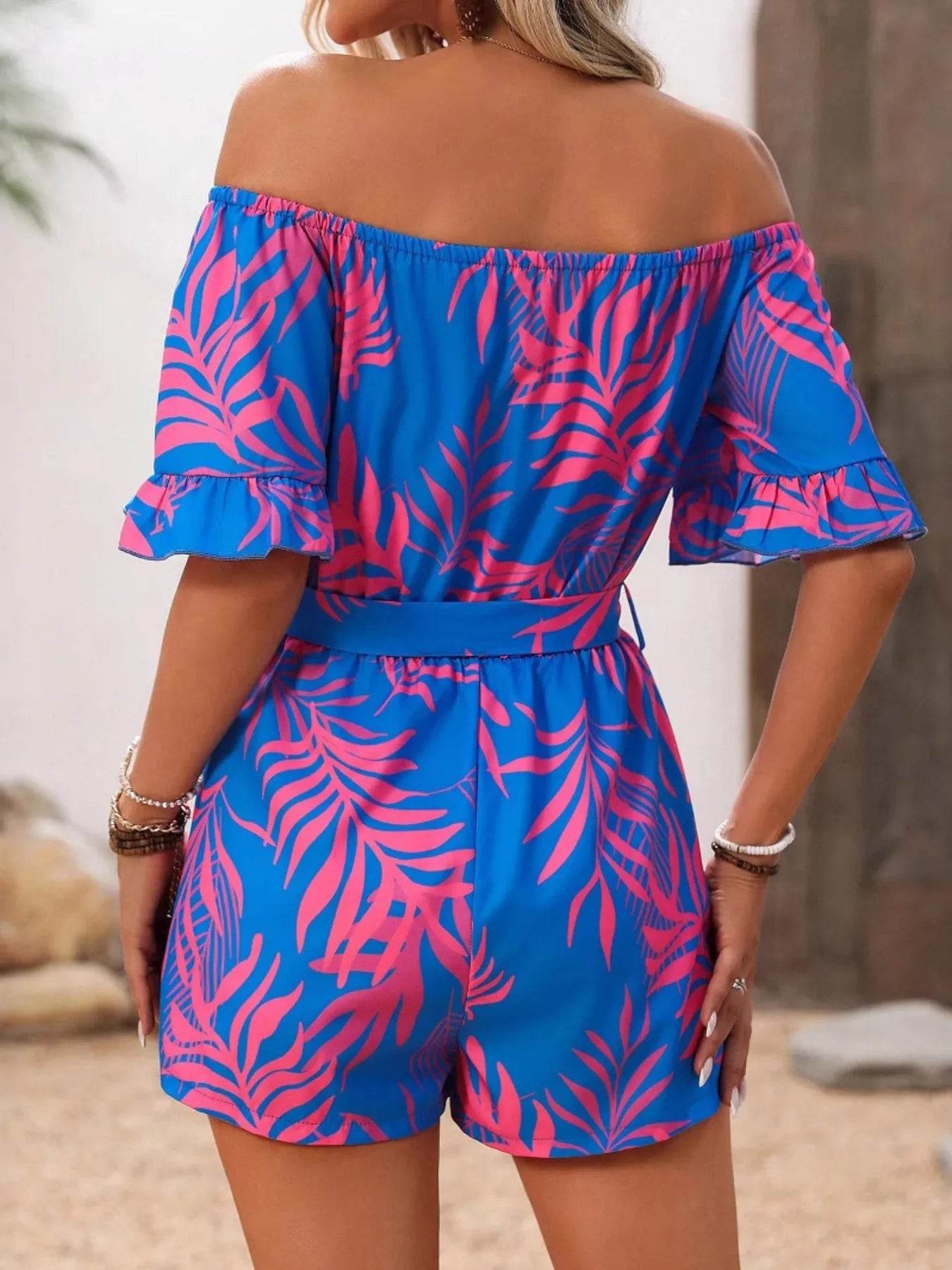 Tropical Print Off-Shoulder Romper - ELY VESSA LLC