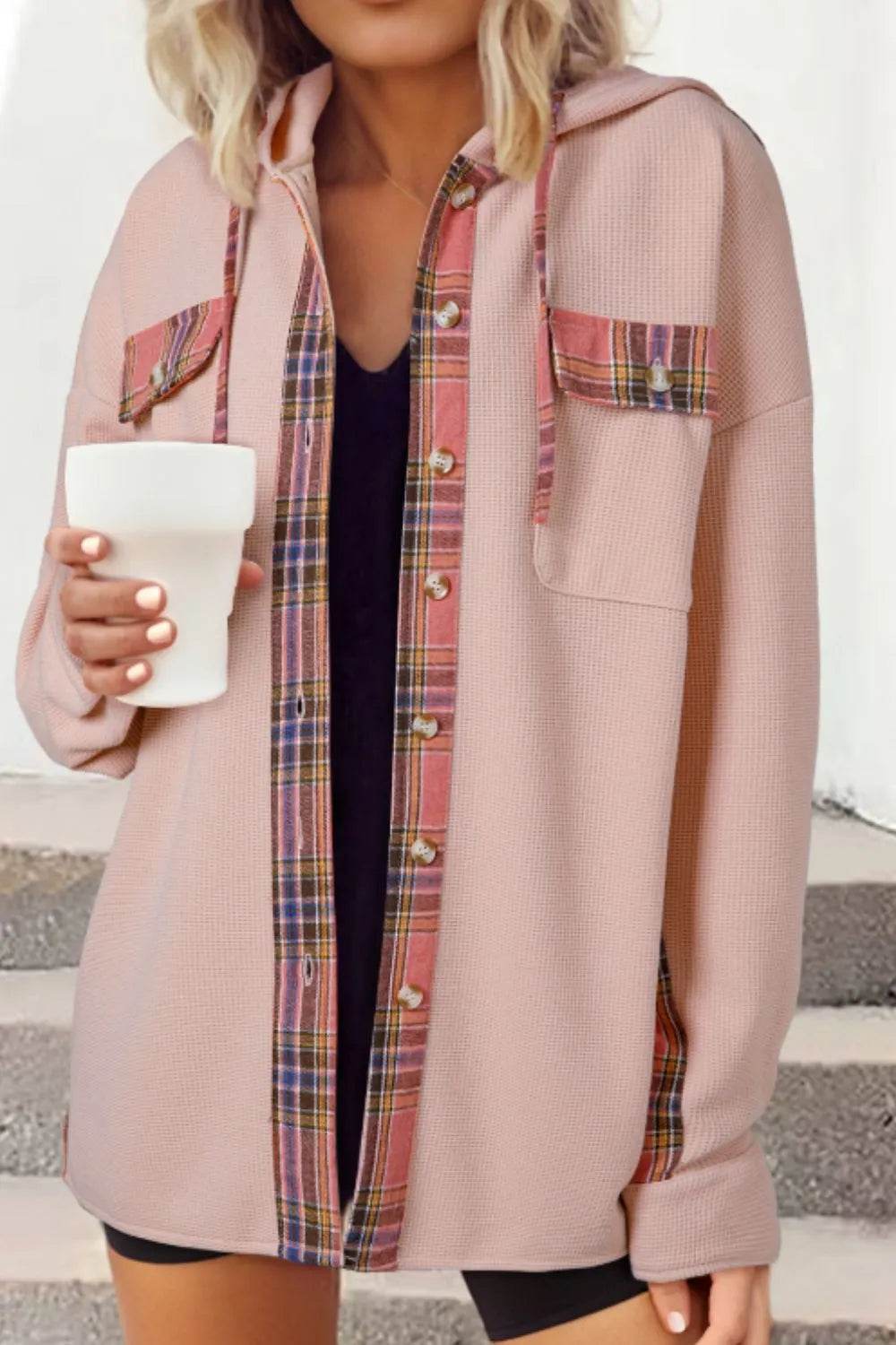 Waffle Knit Plaid Patchwork Drawstring Hooded Shacket - ELY VESSA LLC