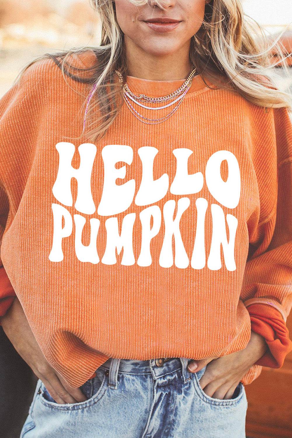Round Neck Dropped Shoulder HELLO PUMPKIN Graphic Sweatshirt - ELY VESSA LLC