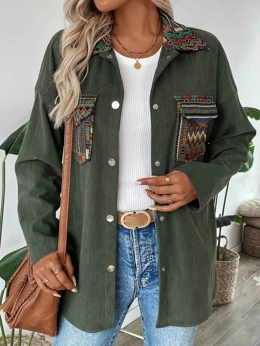 Snap Down Long Sleeve Jacket with Chest Pockets - ELY VESSA LLC