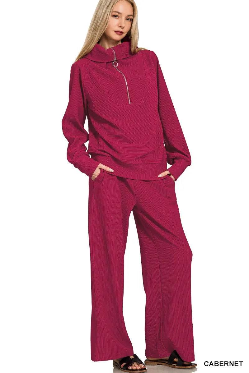 Zenana Ribbed High Neck Half Zip Pullover & Pants Set - ELY VESSA LLC