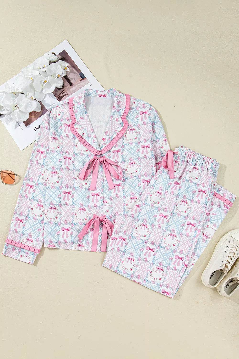 Wreath Pattern Christmas Tied Front Long Sleeve 2pcs Pajama Set - ELY VESSA LLC