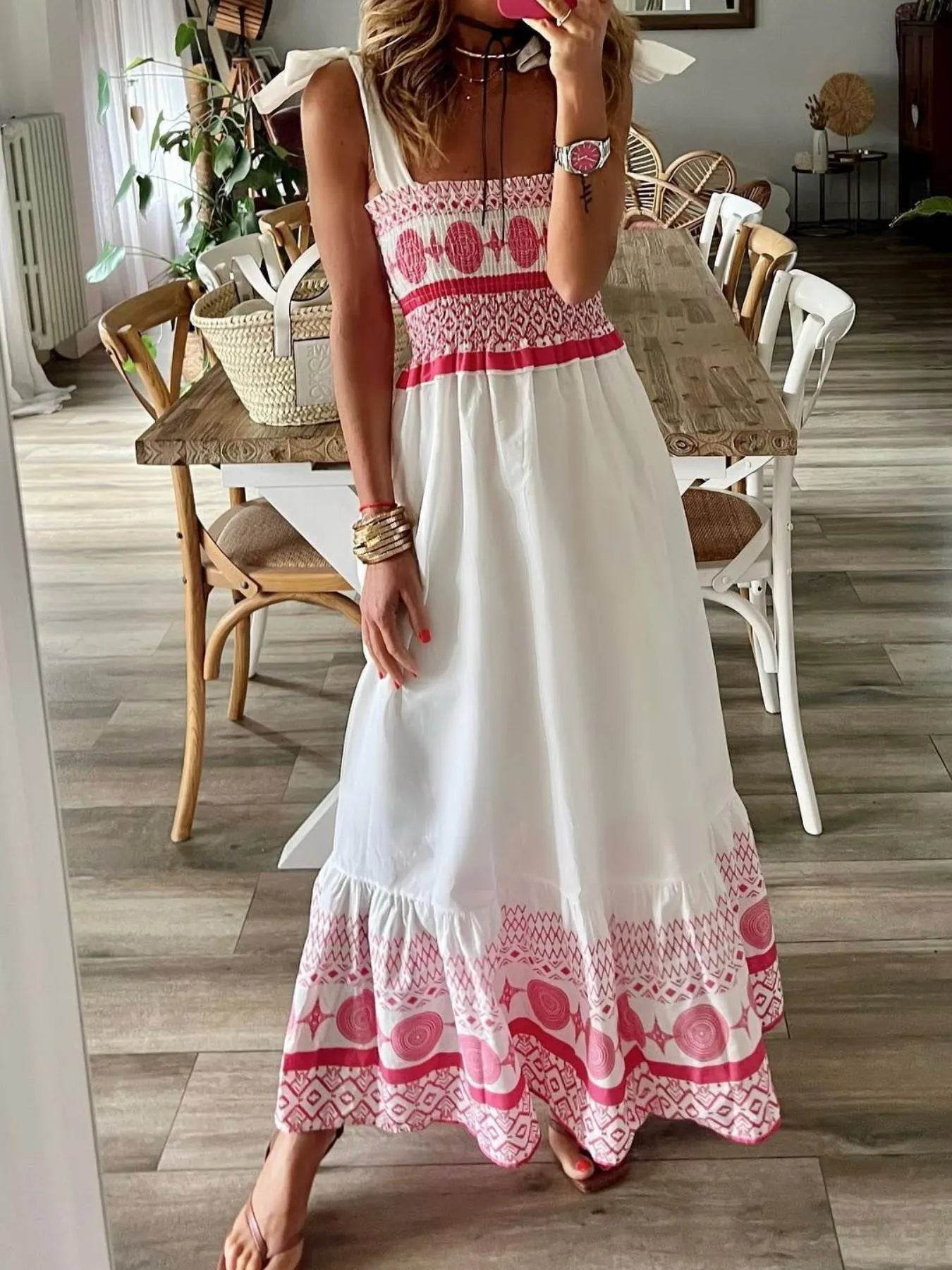 Smocked Printed Tie Shoulder Maxi Dress - ELY VESSA LLC