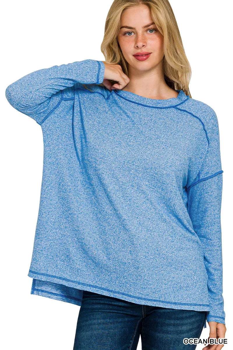 Zenana Full Size Melange Hacci Exposed Seam Hi-low Tee Plus Size - ELY VESSA LLC