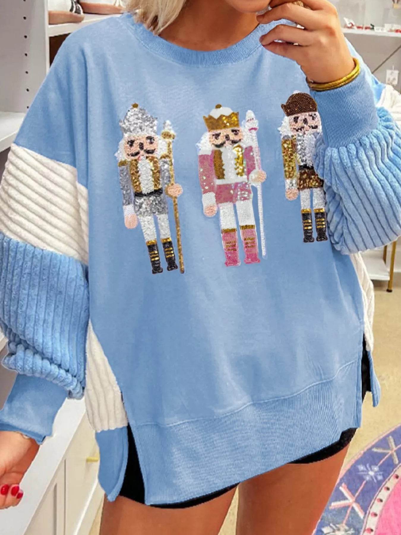 Christmas Sequin Nutcracker Textured Sleeve Patchwork Color Block Sweatshirt - ELY VESSA LLC