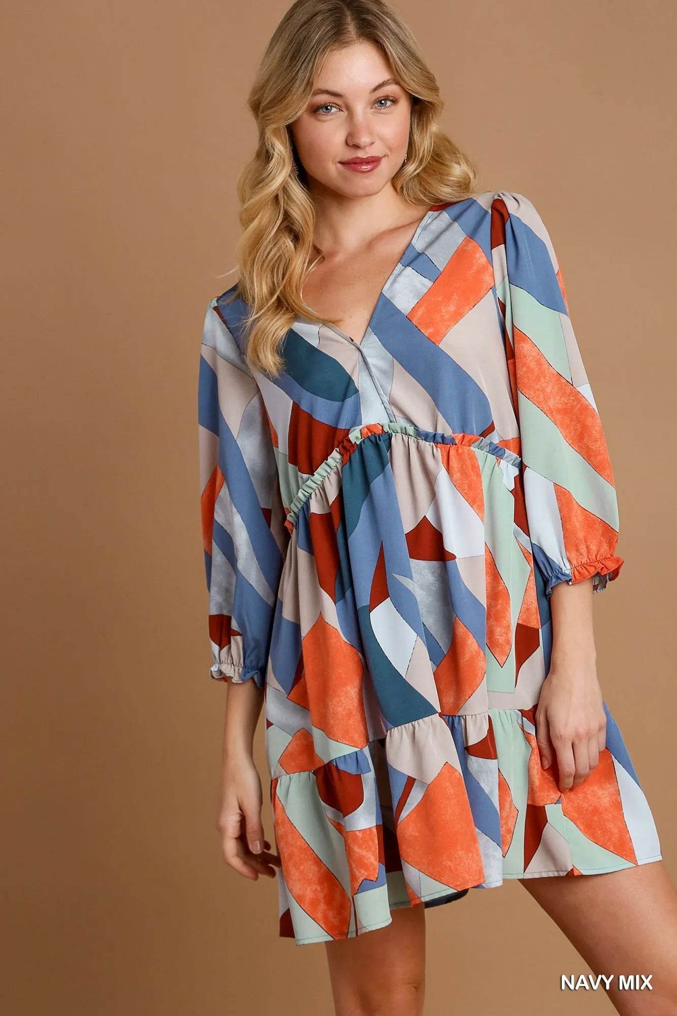 Umgee Abstract V-Neck Tiered Printed Dress - ELY VESSA LLC