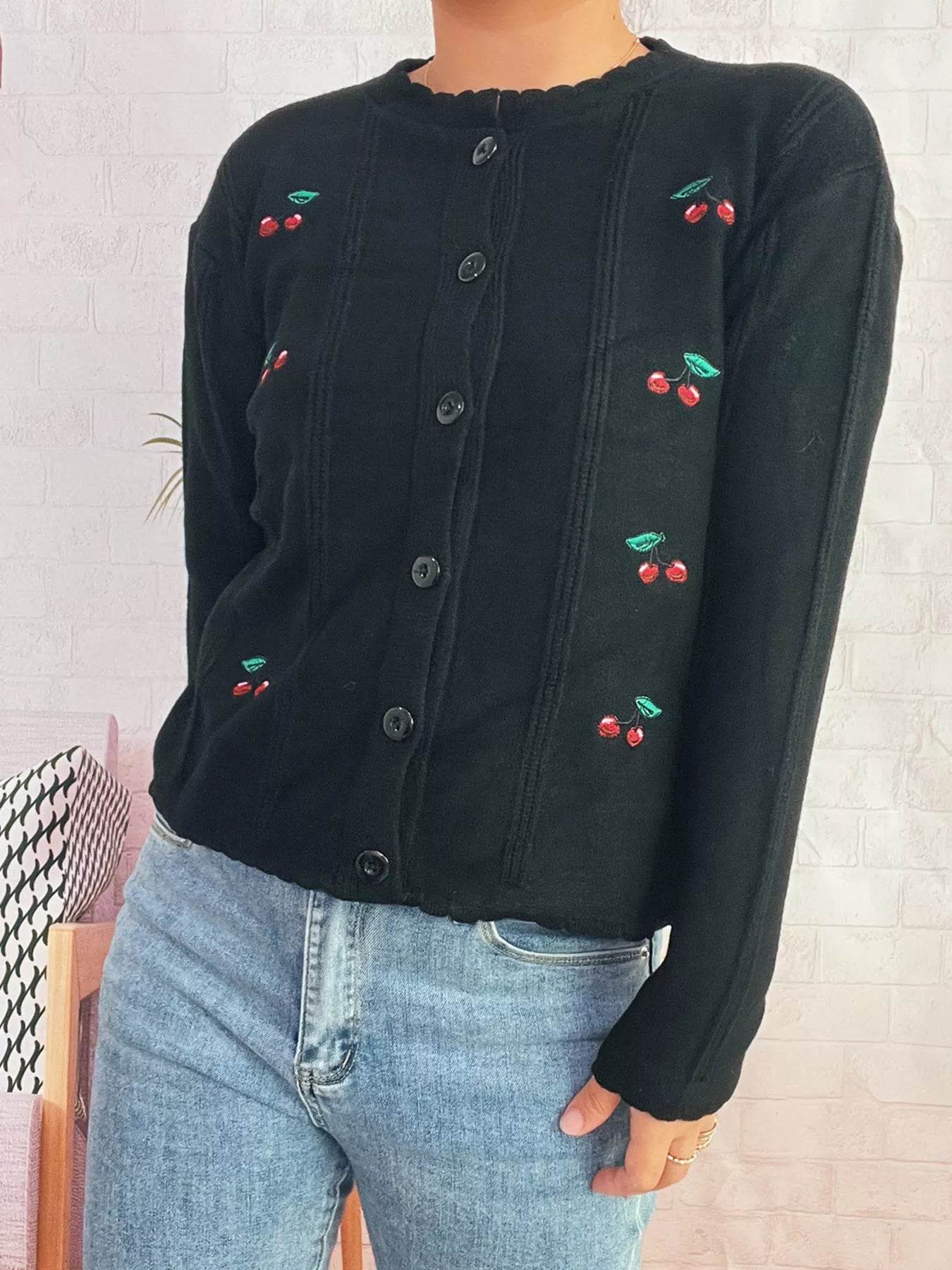 Cherry Embroidered Button Up Cardigan - ELY VESSA LLC