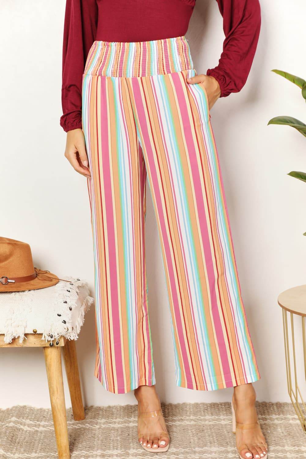 Double Take Striped Smocked Waist Pants with Pockets - ELY VESSA LLC