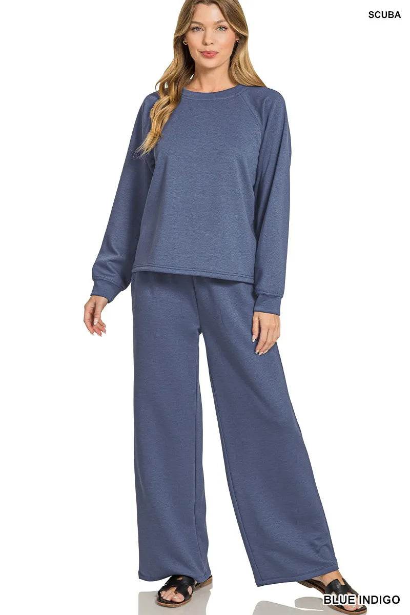 Zenana Scuba Crewneck Sweatshirt and Pants Set - ELY VESSA LLC