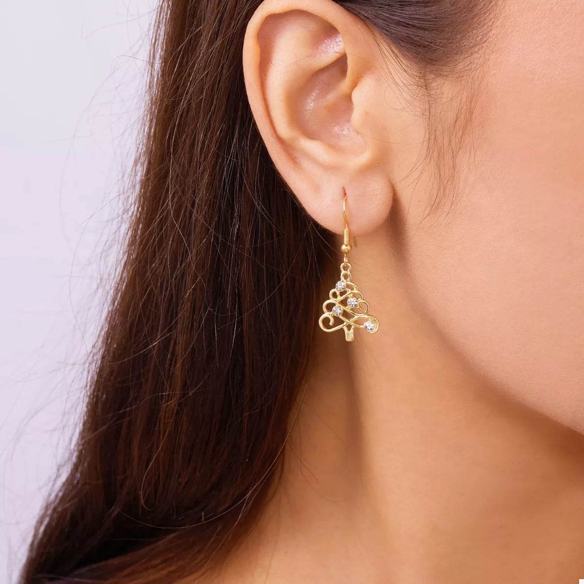 18K Gold-Plated Rhinestone Christmas Tree Dangle Earrings - ELY VESSA LLC