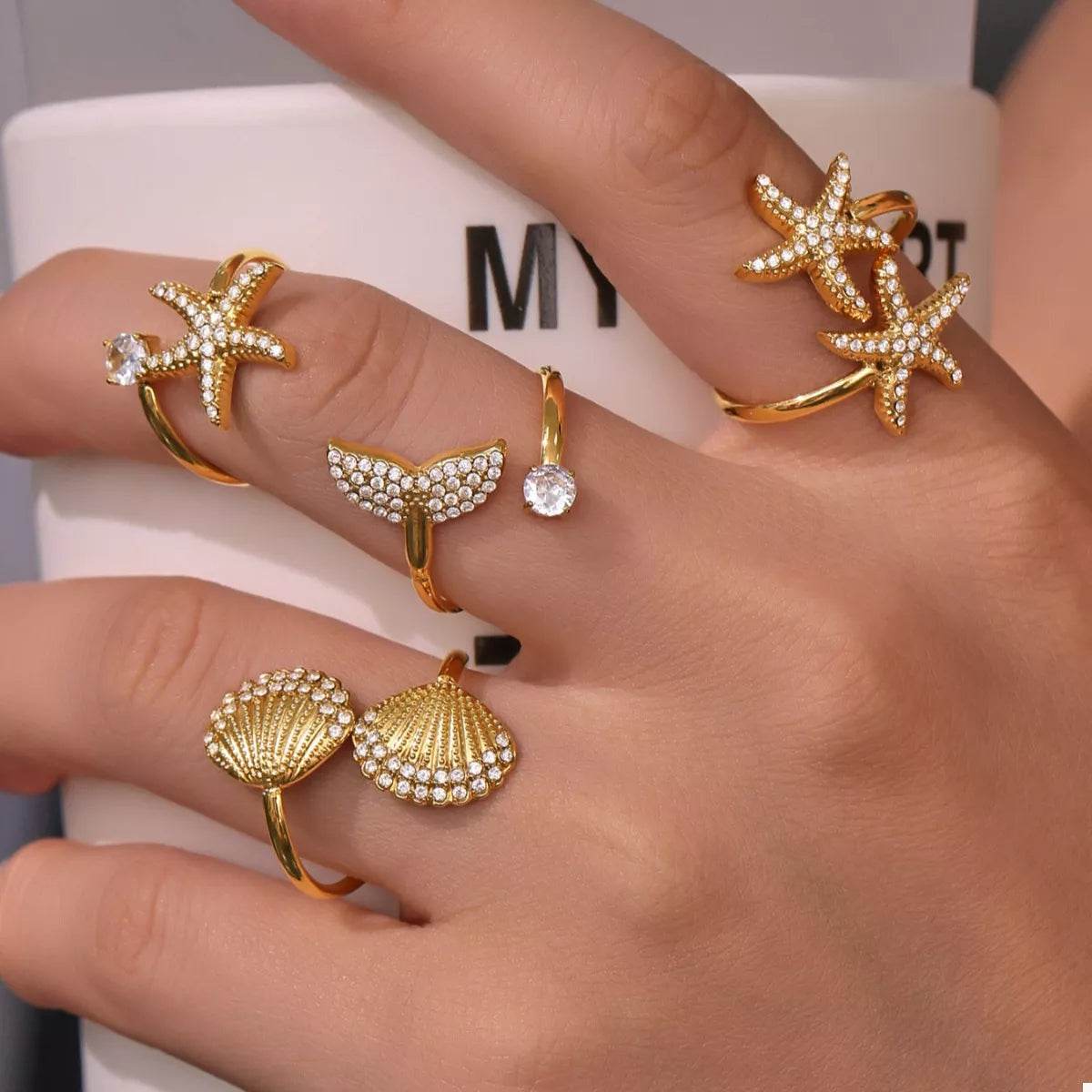18K Gold-Plated Stainless Steel Zircon Starfish Ring - ELY VESSA LLC