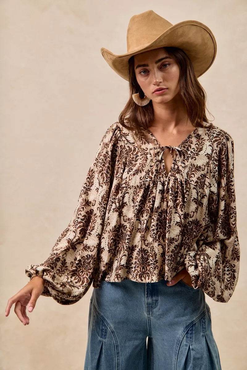 BiBi Printed Woven Front Tied Blouse with Baloon Sleeve - ELY VESSA LLC