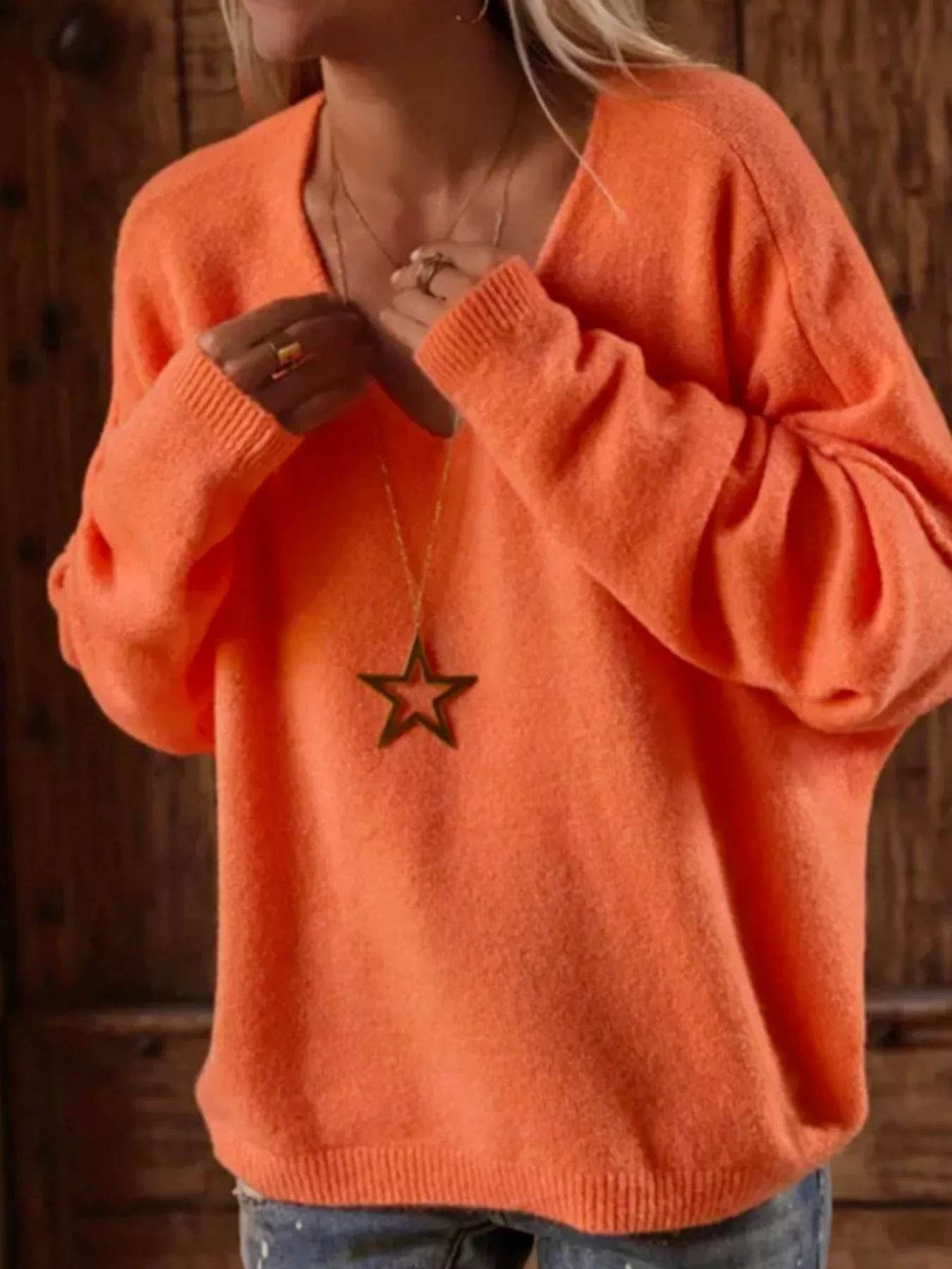 V-Neck Dropped Shoulder Sweater - ELY VESSA LLC