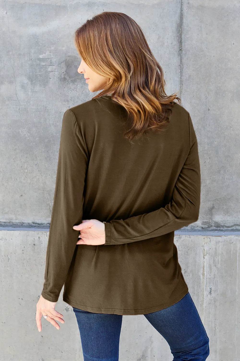 Basic Bae Full Size V-Neck Long Sleeve Top - ELY VESSA LLC