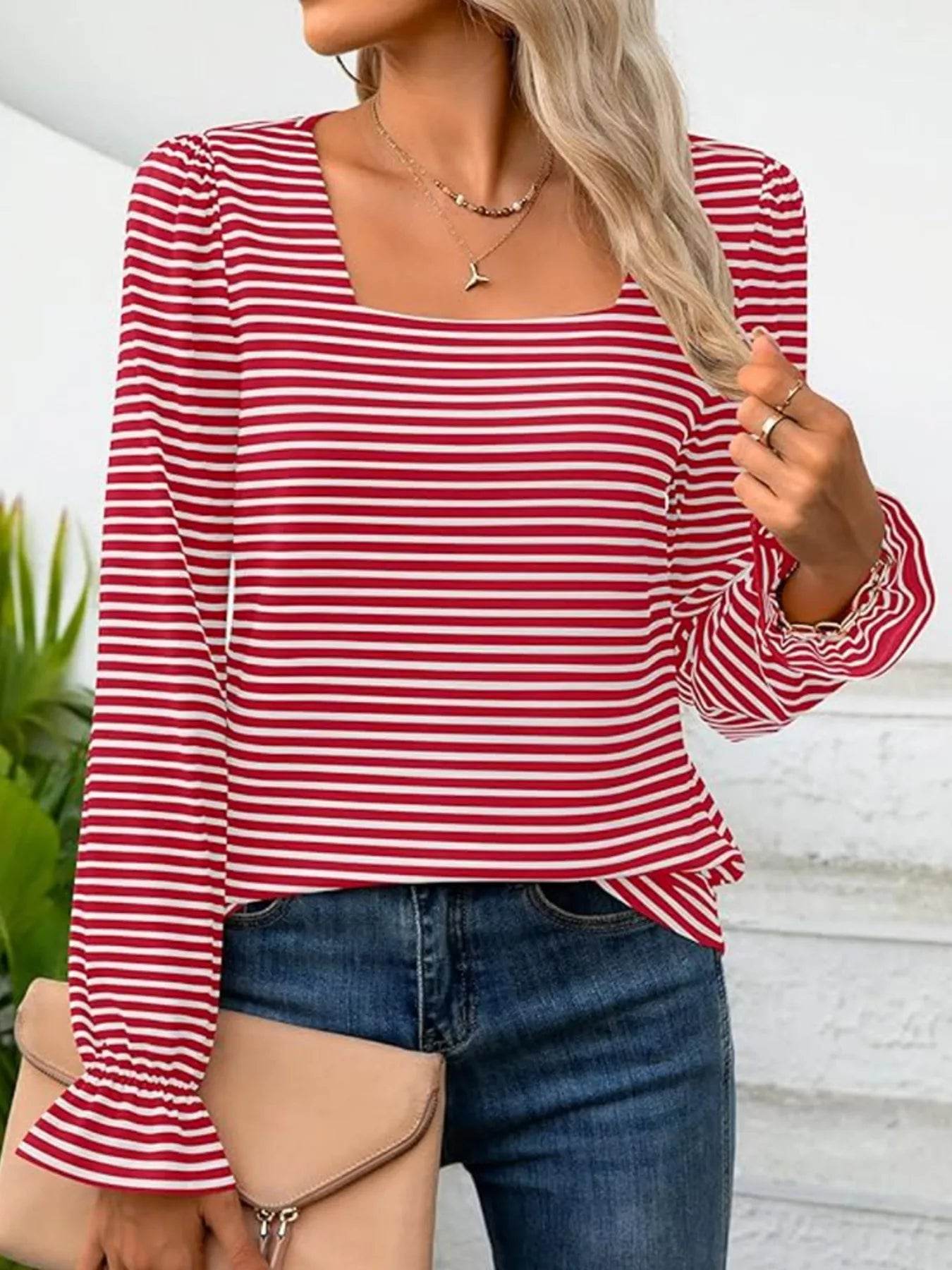 Striped Long Sleeve T-Shirt with Square Neckline - ELY VESSA LLC